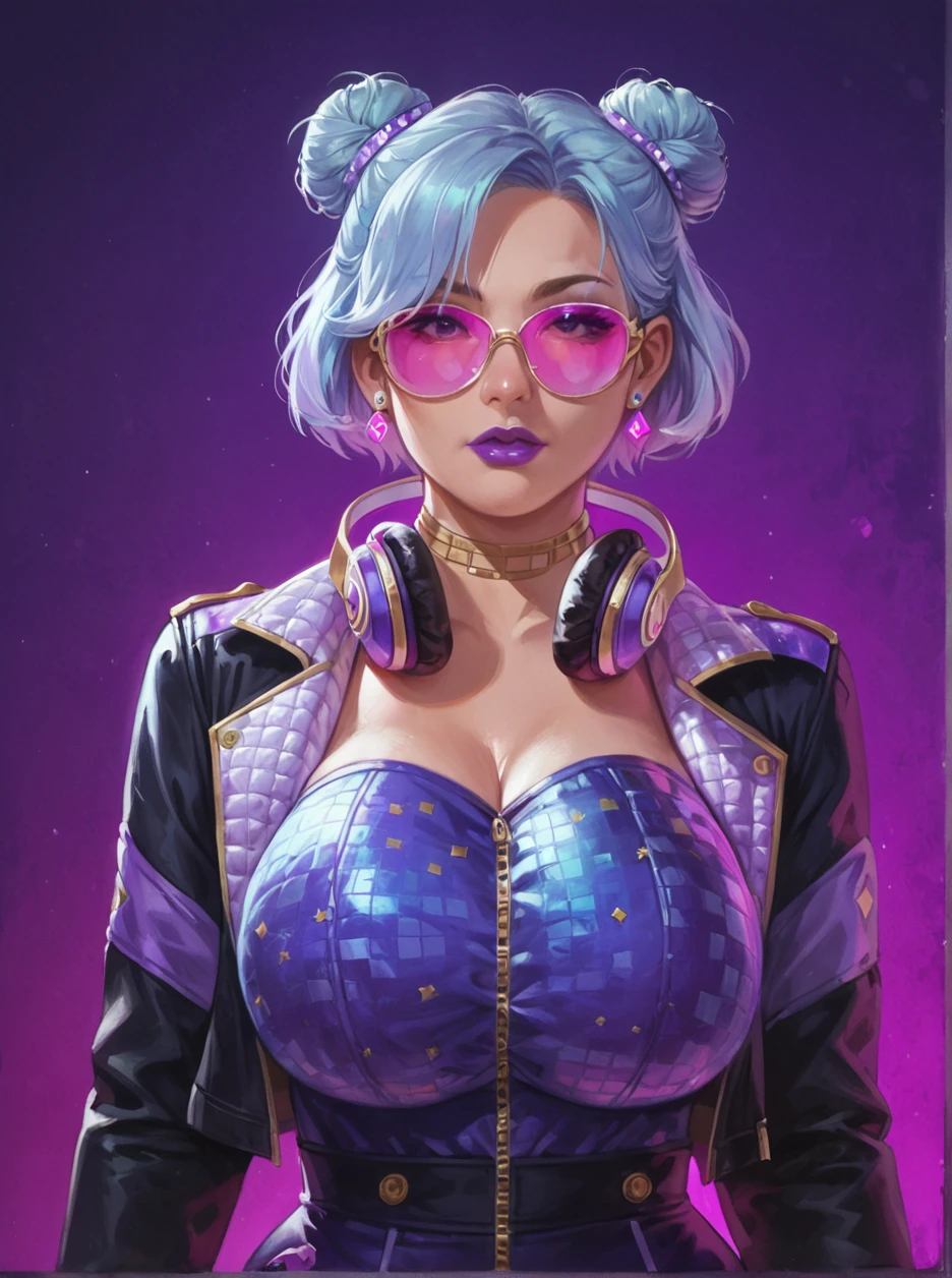 score_9, score_8_up, score_7_up, masterpiece,asian, 1girl, solo, asian, purple lips, headphones around neck, jacket, headphones, short hair, hair bun, double bun, tinted eyewear, makeup,  <lora:Yun_Jin_Lee_-_Dead_by_Daylight:0.6>,  gigantic breast, huge ass, hyper hips, thick body, mature,  <lora:HKHorrorXL:1>  <lora:sn0wStyle:1> upper body,  disco