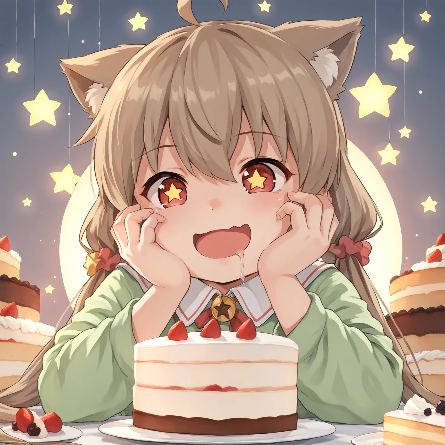 score_9, score_8_up, score_7_up, score_6_up, score_5_up, source_anime, BREAK,
1girl, korurichan, upper body, hands on own face, big smile, open mouth, wavy mouth, (drooling:1.2), star-shaped pupils, (cake:1.3),
<lora:KoruriChanPonyXL-V1:1>