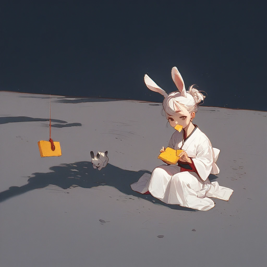 score_8, score_8_up, score_7_up, score_6_up, source anime, 2d, surface_of_luna,, grey ground, black sky, 1girl, animal ears, rabbit ears, japanese clothes, cheese, eating cheese, smile