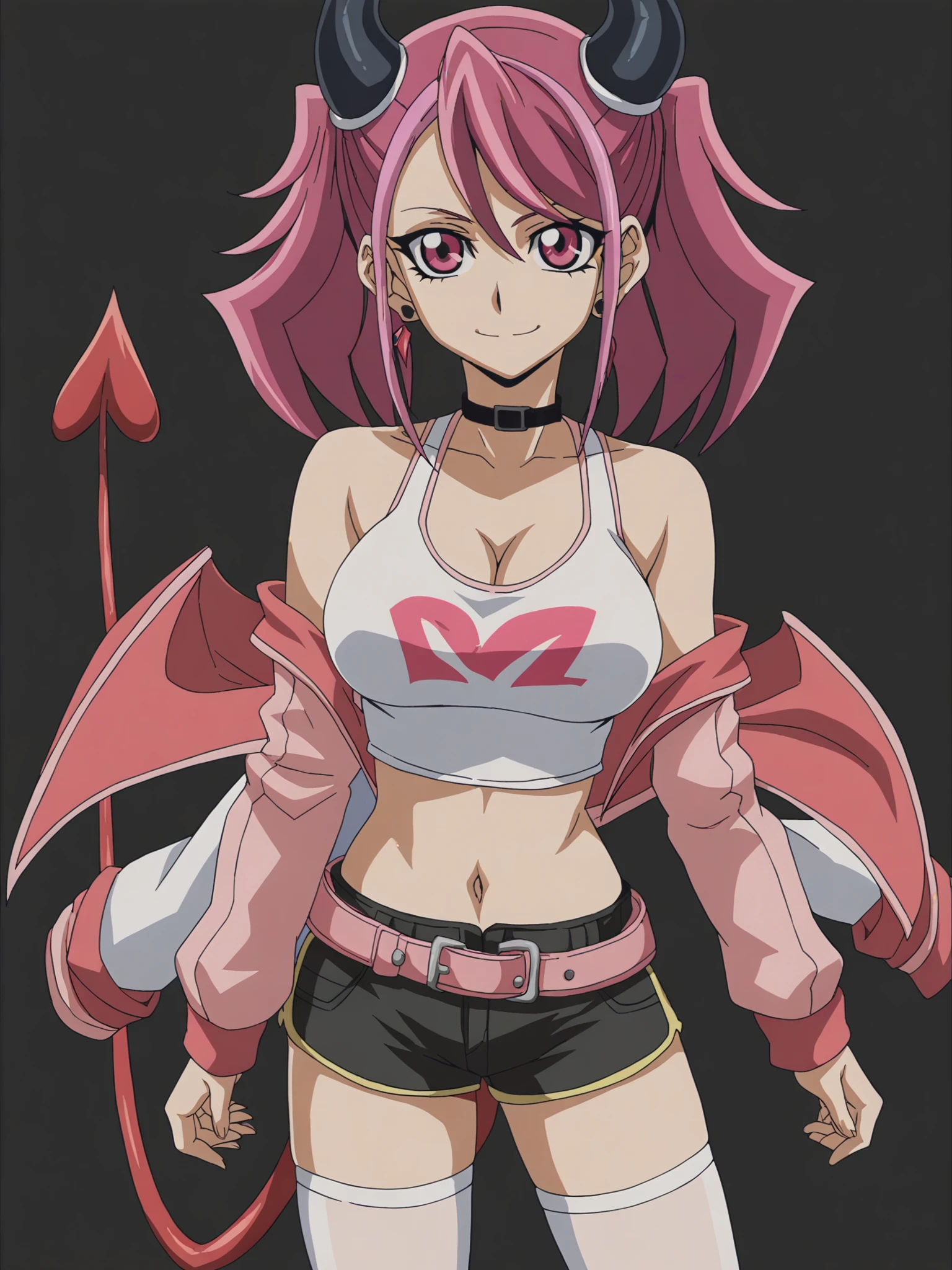 score_9, score_8_up, score_7_up, score_6_up, score_5_up,
1girl, solo, breasts, tail, pink_hair, horns, demon_tail, shorts, jacket, twintails, large_breasts, smile, looking_at_viewer, long_hair, navel, choker, black_background, pink_eyes, short_shorts, belt, demon_girl,  pink_jacket, demon_horns, simple_background, tank_top, open_jacket, cleavage, black_shorts, open_clothes, thighhighs, off_shoulder, bare_shoulders, closed_mouth, head_tilt, hair_between_eyes, cowboy_shot, jewelry, micro_shorts, collarbone, black_choker, white_thighhighs, crop_top, bangs, earrings, clothes_writing, shirt, midriff, standing, see-through, contrapposto, long_sleeves
 <lora:ARC_V:1>