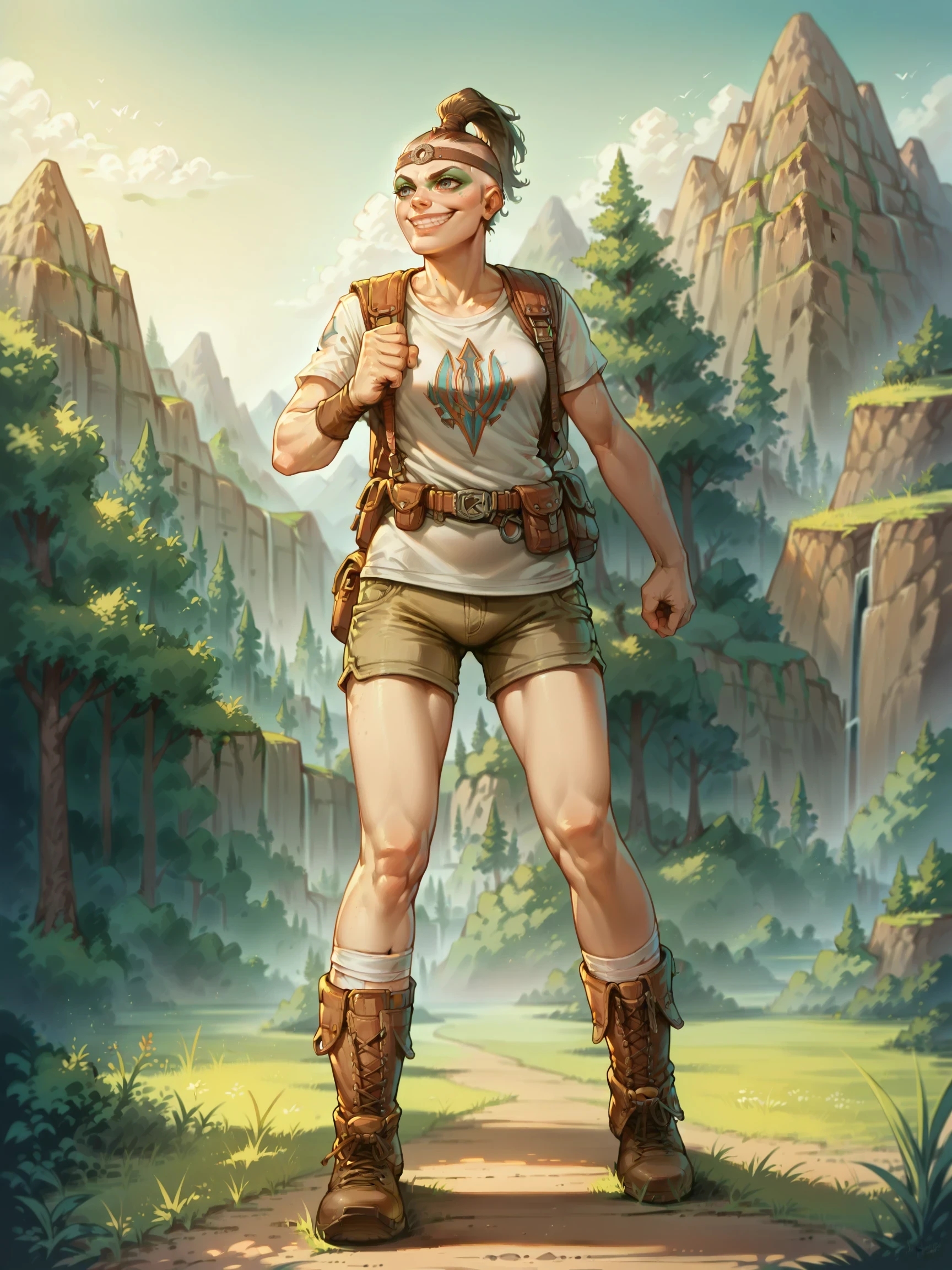 (grin), Sham4nForHonor, 1girl, score_9, score_8_up, score_7_up, masterpiece, outdoors, warpaint,  shaved head, topknot, leather headband, hiking, mountain, (backpack, t-shirt, shorts, hiking boots, hiking gear), dynamic pose