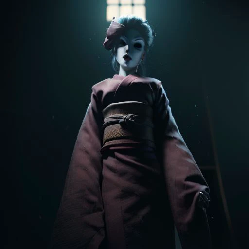 high res, good quality, accurate face, ((high resolution:1.2), (hi-res:1.2), masterpiece, best quality),  easynegative, ng_deepnegative_v1_75t, bad-picture-chill-75v, The Lady, video game character, Little Nightmares, Red kimono , porcelain mask , Taller woman, in a dark room,