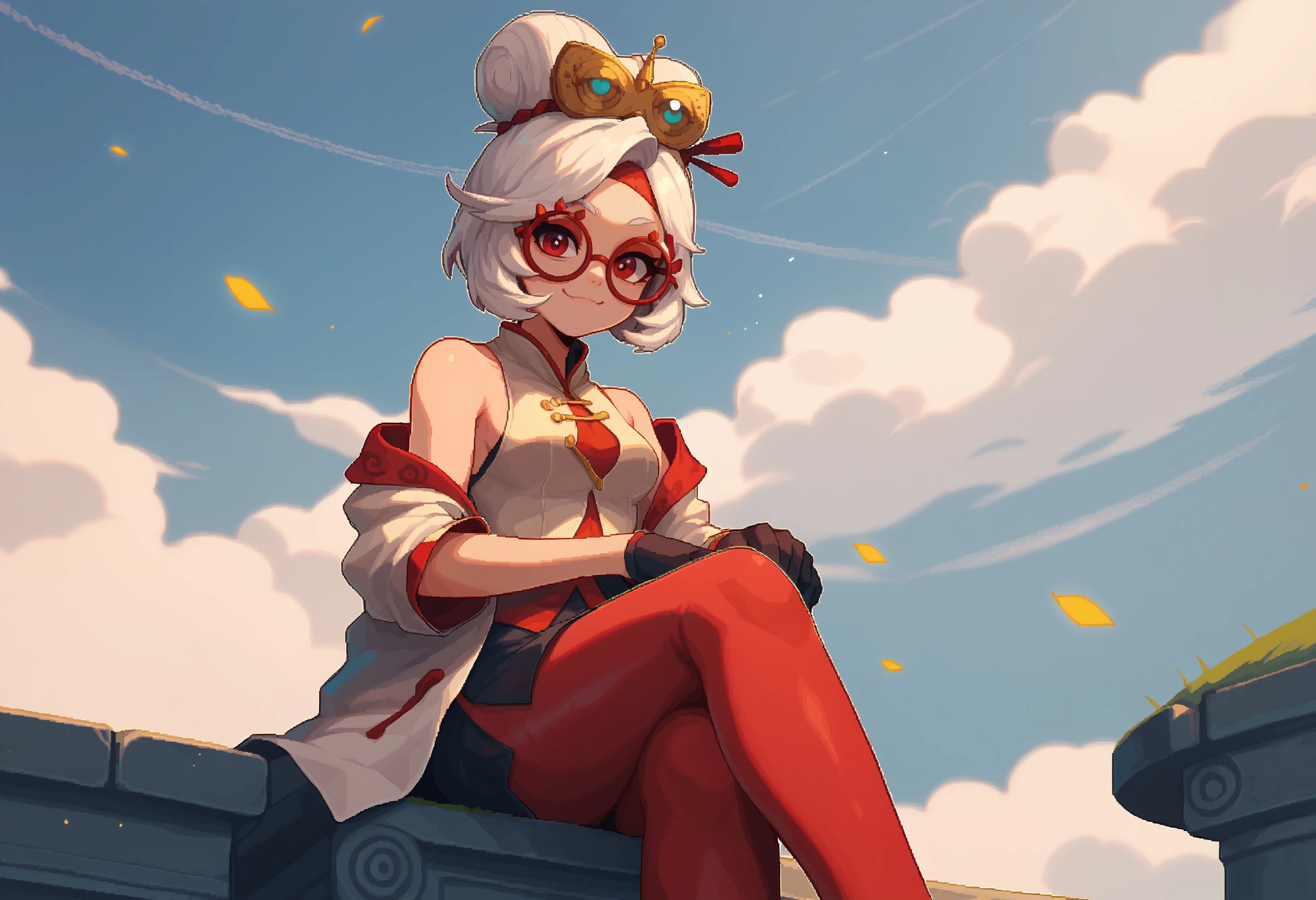 score_9, score_7_up BREAK wide shot,day,sky,1girl,purah,white hair,red eyes,hair ornament, red headband, red glasses,sleeveless shirt, white coat, black skirt, red leggings, gloves,smug,closed mouth,looking at viewer,sitting,wind,light particles <lora:purah-pdxl-nvwls-v1:0.8> <lora:itzah_pd:1>