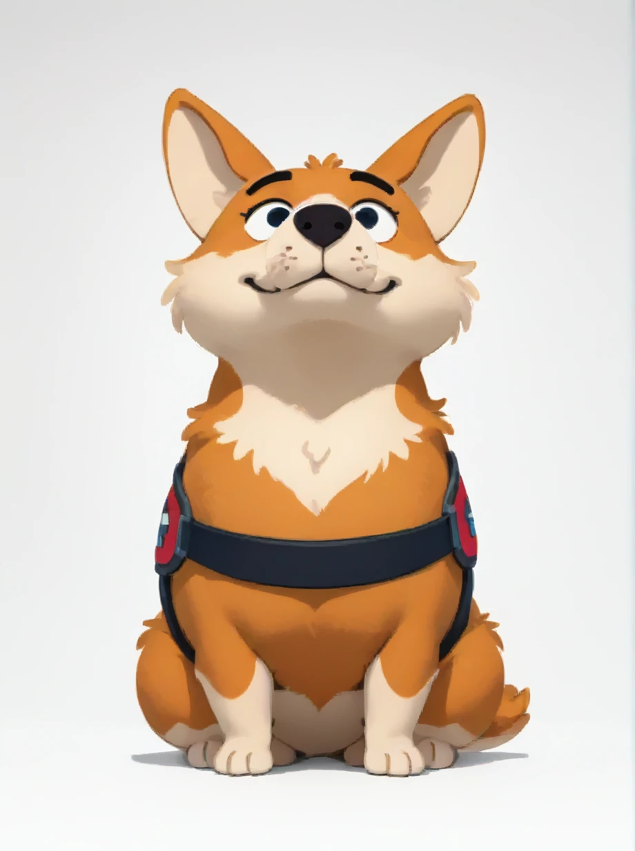 score_6_up, score_7_up, Elsahb, corgi, dog, flat colors, full body, sitting, dog vest, facing viewer, white background, head up, low angle, looking down, light smile