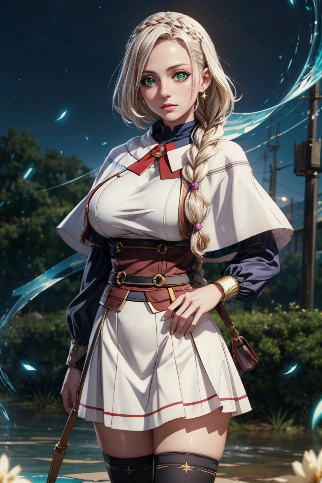 (ultra realistic,32k, masterpiece:1.2),(high detailed skin:1.1),( high quality:1.1), BREAK,   <lora:YuriUllen_kumodesuga:0.5>,   zzYuri, long hair, green eyes, braid, white hair, single braid,  capelet, long sleeves, white skirt, black thighhighs, zettai ryouiki,  BREAK,  blooming stars, luminescent petals, otherworldly fragrance blurry background, (looking at viewer, standing:1.1), huge breast, large breast, <lora:add_detail:0.92>, (glowwave:1.1),