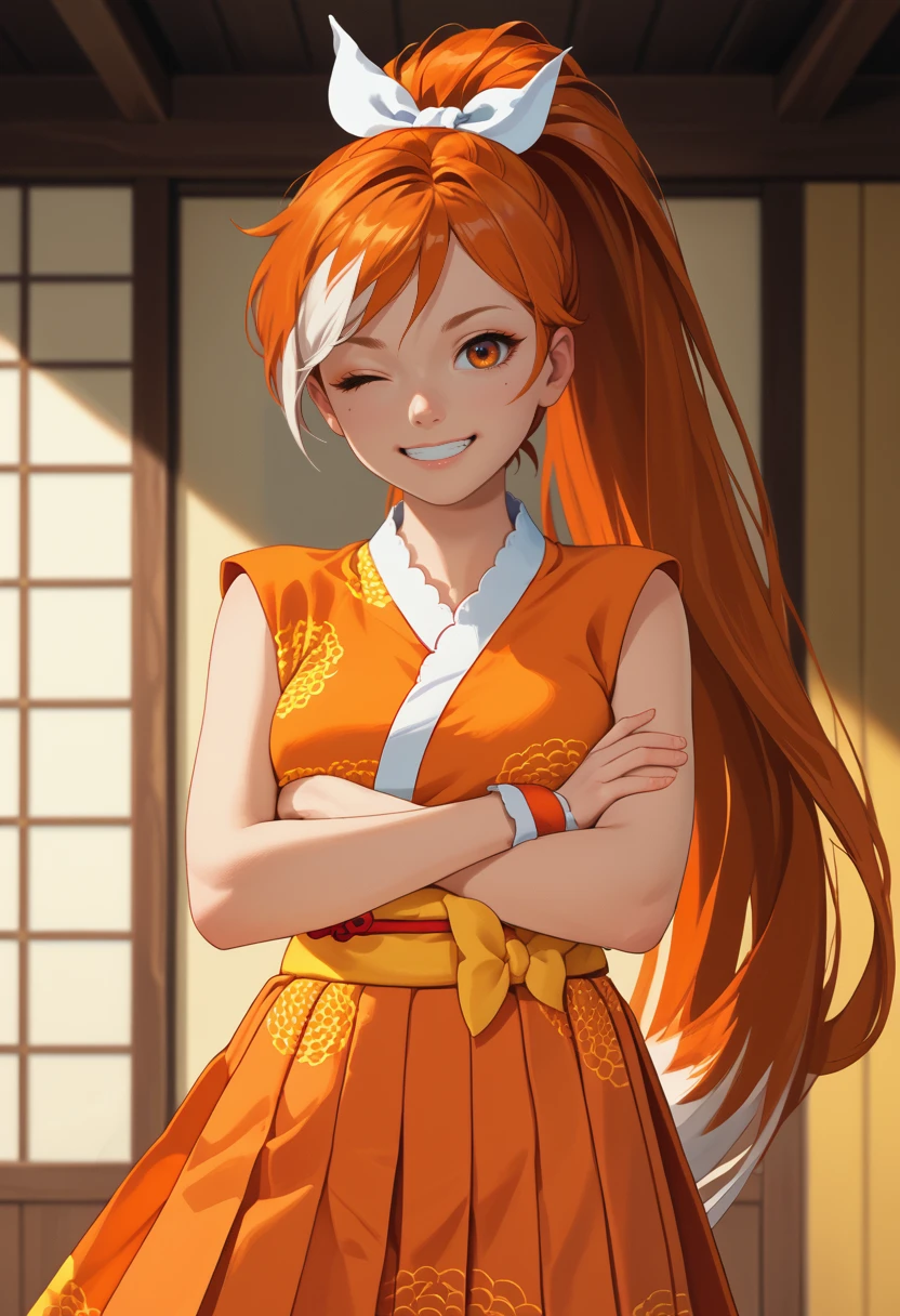 score_9, score_8_up, score_7_up, source_anime, spotlight, solo, 1girl, crunchyroll-hime, grin, looking at you, crossed arms, high ponytail, hair bow, white bow, hair ribbon, winking, one eye closed, japanese clothes, orange kimono, sleeveless kimono, sash, obi, orange skirt, pleated skirt <segment:yolo-face_yolov8m.pt>