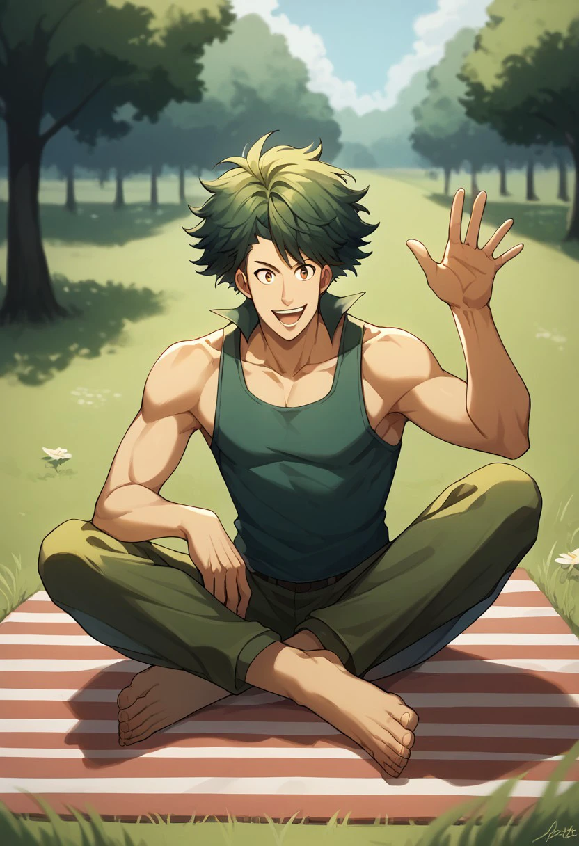 score_9, score_8_up, score_7_up, source_anime, rating_safe, waving, Wartail, dark green hair, 1boy, male focus, tank top, trousers, wide smile, open mouth, sitting, on picnic mat, indian style, hands with five fingers,, blurry outdoor park, grass, trees, atmospheric perspective,