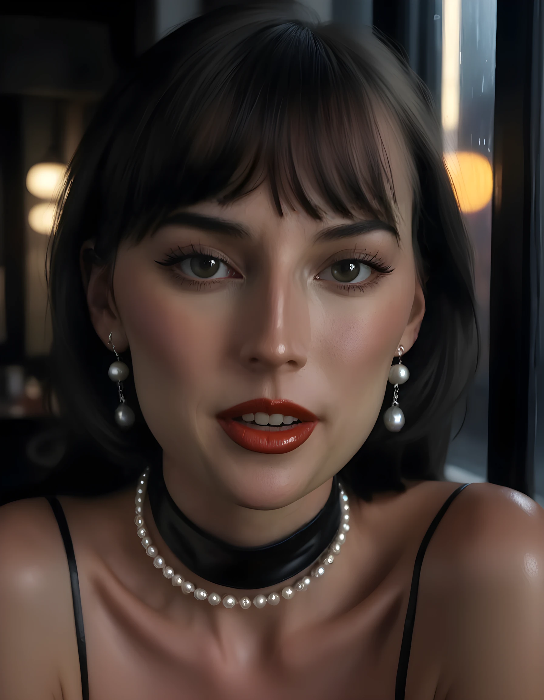 In a captivating black-and-white noir setting, the sultry femme fatale D415YD4Y is depicted in an evocative close-up portrait. Her striking visage is framed by a cascade of glossy, dark waves that cascade onto her shoulders, with delicate bangs framing a delicate mole just above her full, pursed lips. Her lips are painted a fiery red, contrasting with her stark white teeth that gleam in the dimly lit, smoky room. A single, glittering pearl earring adorns one of her ears, and her neck is accentuated by an intricate choker, all adding to the mysterious allure of this enigmatic woman as she gazes directly into the camera with a smoldering intensity, her eyes reflecting the light from the distant neon signs of a rain-soaked cityscape beyond the darkened window behind her. The emotional tone is one of intrigue and danger, as if the secrets she holds could change the course of fate itself.