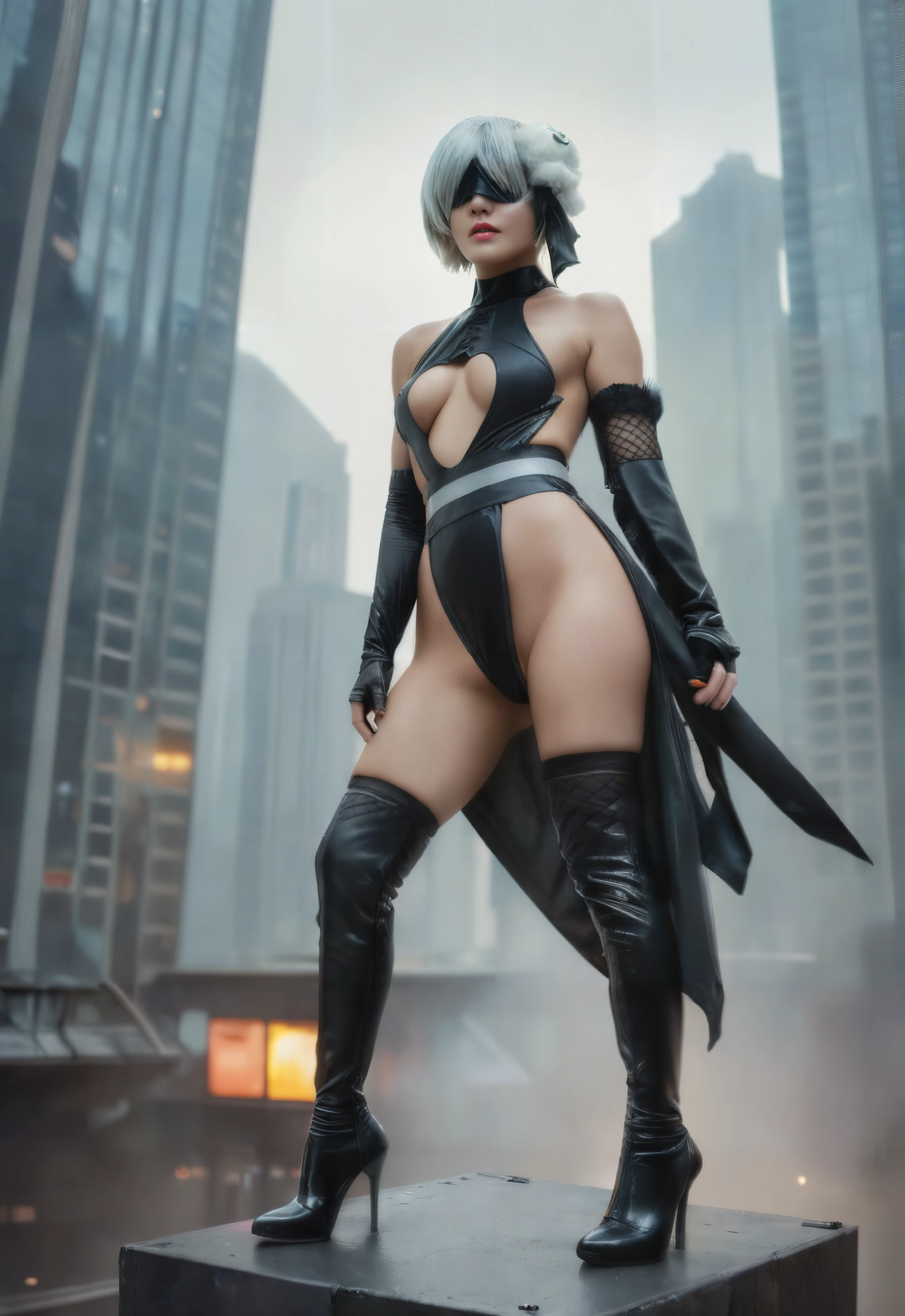 shinobi_2b, 
asian, pretty, beautiful, elegant, graceful,
1girl, short hair, solo, white hair, black blindfold, thighhighs under boots, fishnet thighhighs, thigh boots, mole, thighhighs, 
futuristic cityscape, neon-lit, advanced technology, gritty atmosphere, towering skyscrapers, holographic advertisements, bustling streets, futuristic attire, advanced robotics, highly detailed, sharp focus, cinematic lighting, dramatic, immersive
sharp focus, raw photo, photorealistic, masterpiece, best quality, hires, intricate details, HDR, 8k resolution, ray-tracing, 35mm,
<lora:YoRHa_No.2_Type_B_Shinobi_2B:0.75>