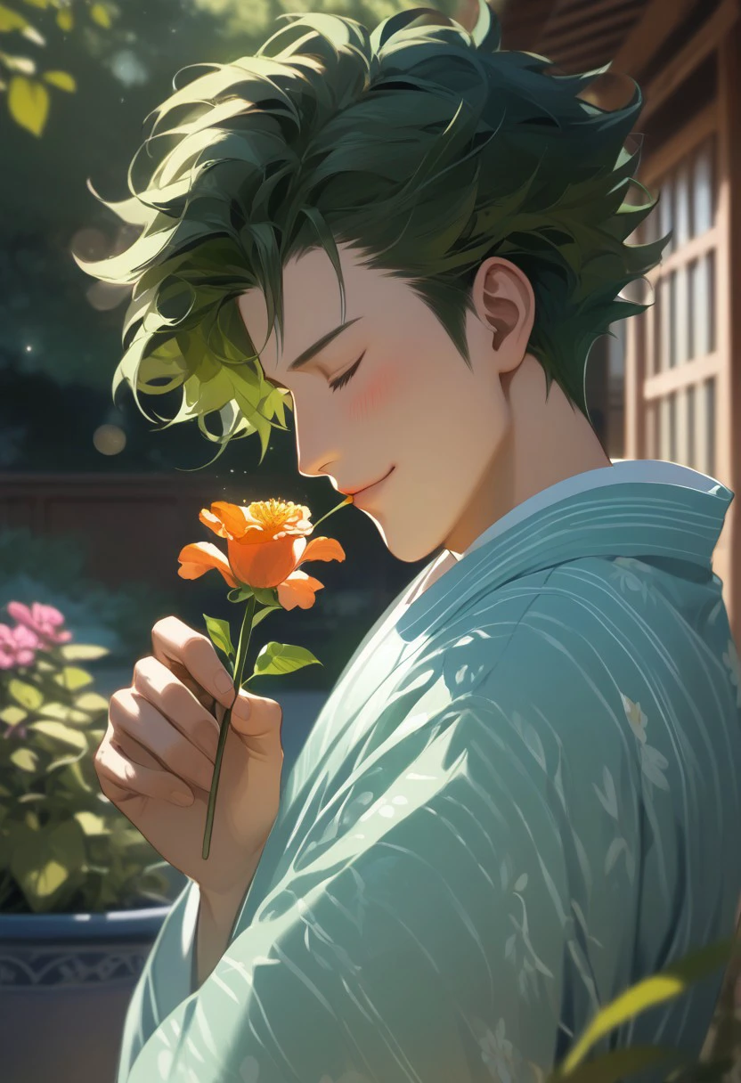 score_9, score_8_up, score_7_up, source_anime, rating_safe, smelling flower, Wartail, dark green hair, 1boy, male focus, yukata, closed eyes, closed mouth, smile, head tilt, blushing, blurry outdoor garden, flower pots, warm bokeh, realistic lighting, Expressiveh, from side, hands with five fingers,