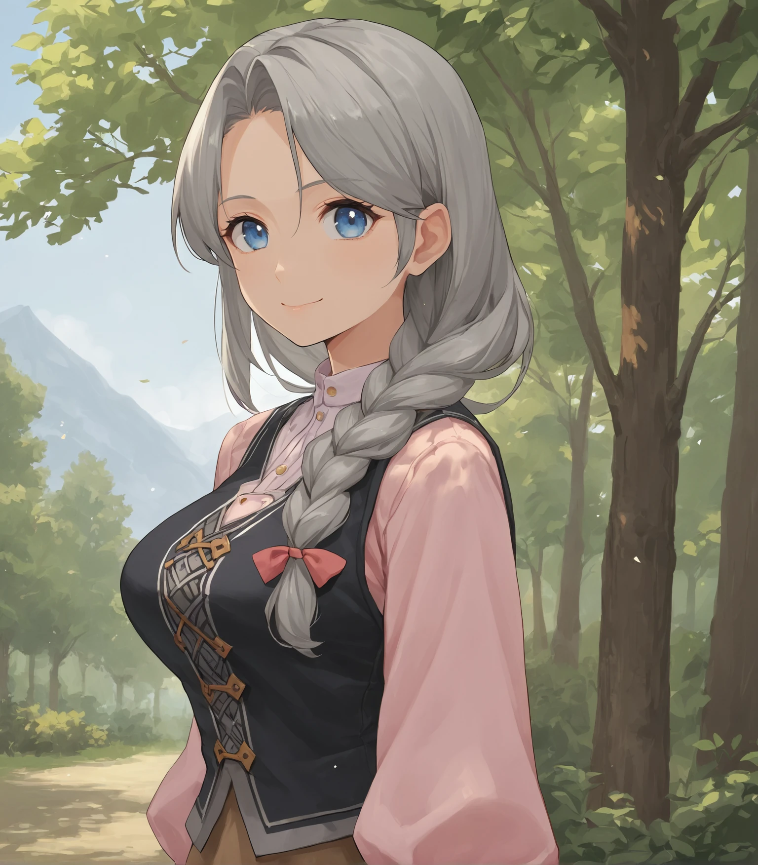 score_9, score_8_up, score_7_up, score_6_up, score_5_up, score_4_up, BREAK source_anime,
1girl, solo, upper body, portrait looking at viewer, smile, outdoors, sky, trees,
<lora:Diana:0.9>, Diana, long hair, grey hair, single braid, hair over one shoulder, hair ribbon, blue eyes, large breasts, black vest, pink shirt, pink sleeves, brown skirt, long skirt, shoes,