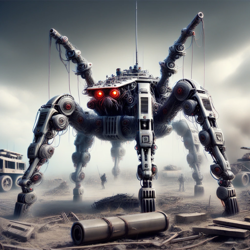 spider tank, robot, mecha, no humans, dust, science fiction, realistic, non-humanoid robot, military, weapon, ground vehicle, military vehicle, cannon, motor vehicle, cloud, ruins, sky, gun, tank, 6legs,