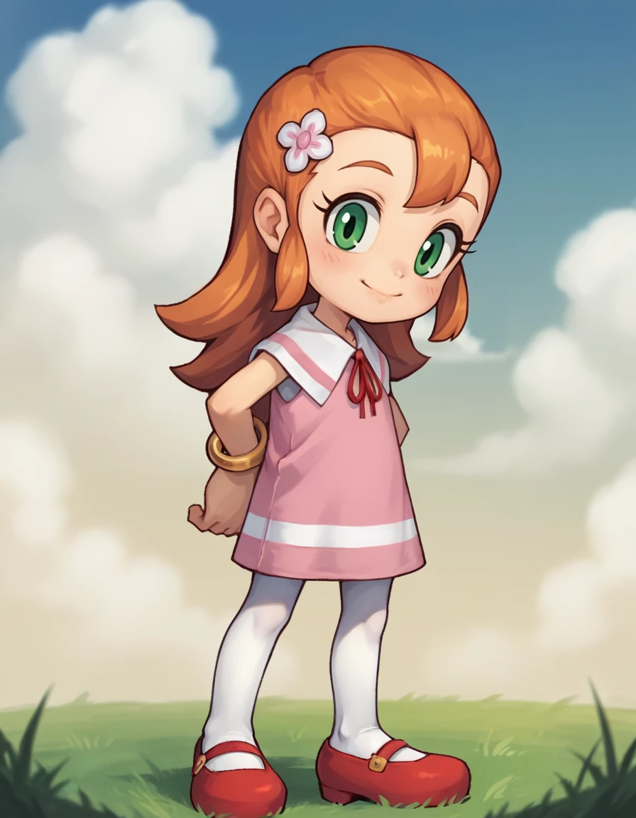 score_9, score_8_up, score_7_up, score_6_up, score_5_up, score_4_up, 1girl, solo, looking at viewer,
<lora:RollyRoll v1:0.8> rolly roll, orange hair, green eyes, long hair, child, hair between eyes, hair slicked back, pink dress, gold bracelet, white pantyhose, red footwear, mary janes, red ascot, white sailor collar, hair ornament, sleeveless,
grass, sky, cloud, standing, closed mouth, smile, blush, hands behind back,