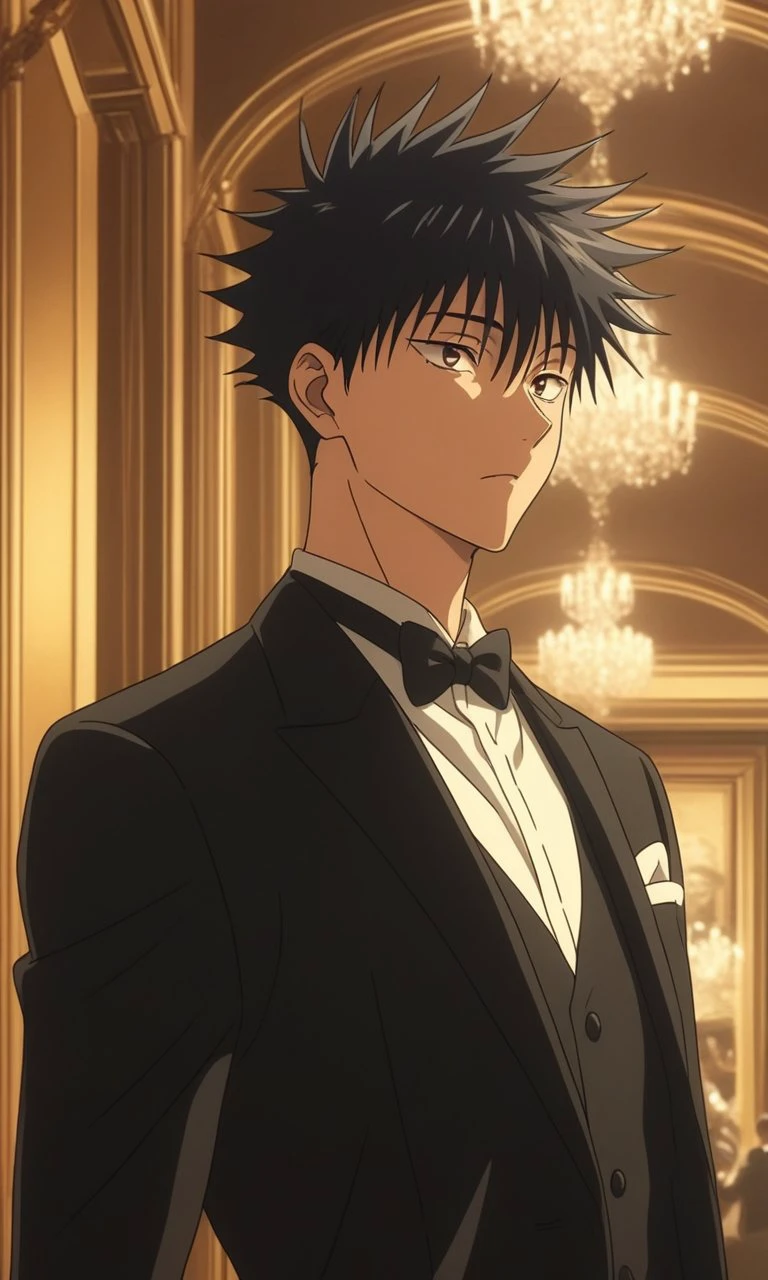 1boy, Megumi Fushiguro from Jujutsu Kaisen, BREAK source_anime ,  wearing a black tuxedo with a bow tie, formal setting,  elegant lighting, evening atmosphere, detailed background  ,  <lora:tuxedo:0.6>