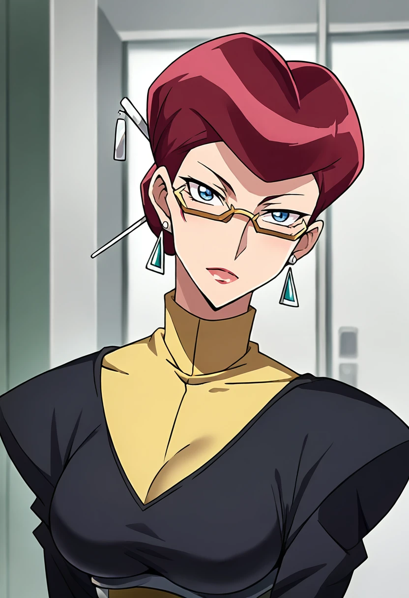 score_9, score_8_up, score_7_up, source_anime, masterpiece, 1girl, ct_sc4rlet, red hair, short hair, hair bun, hair stick, large breasts, semi-rimless eyewear, earrings, black uniform, black pencil skirt, yellow underbust, long sleeves, looking at viewer, indoors, cowboy shot, upper body, 