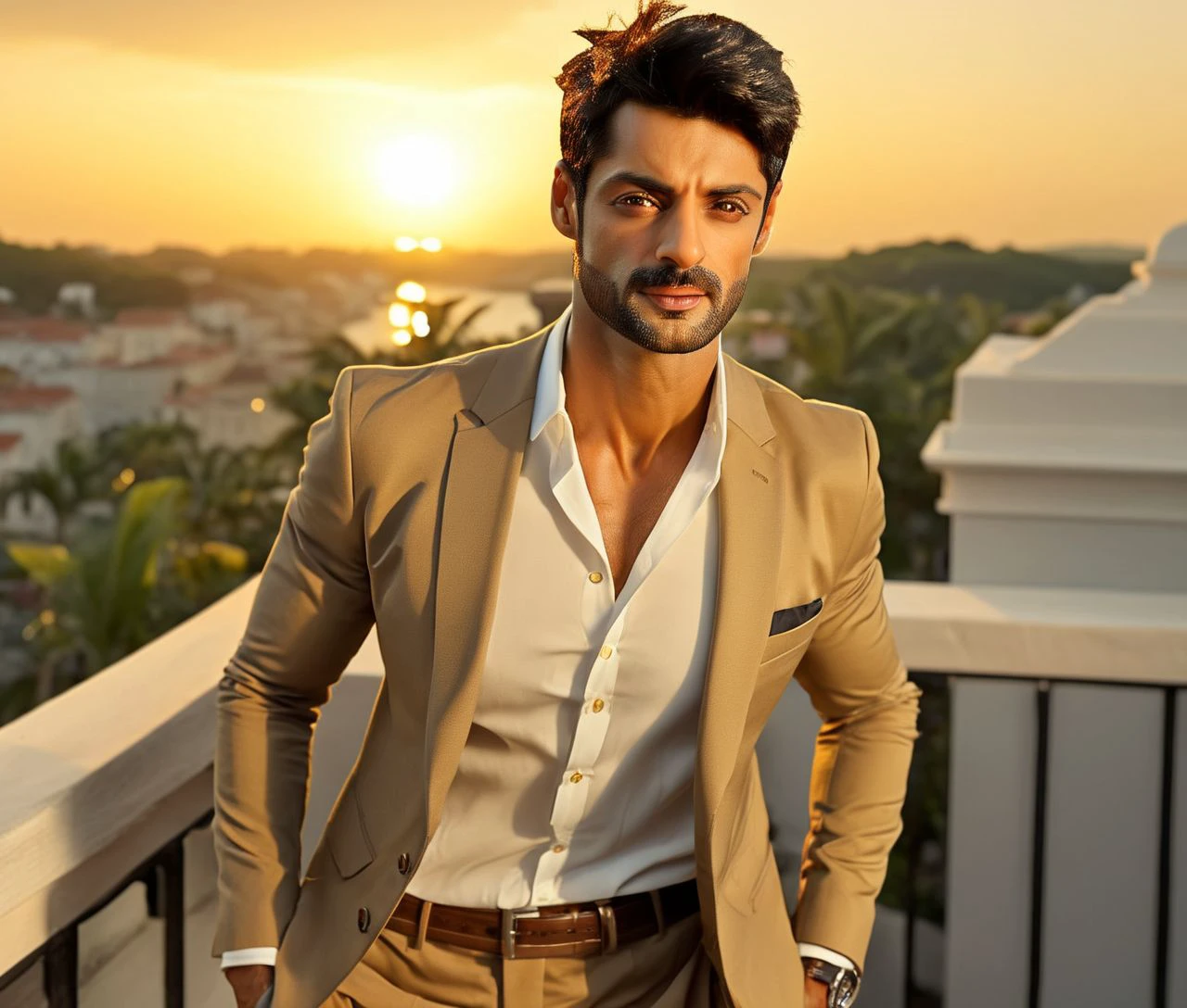 Nautical-themed (Photo:1.3) of (Ultrarealistic:1.3) <lora:Man_Men_FFashion:1> karan soni a man <lora:karan-wahi_karan-soni:1> in a tan suit standing on a balcony, sun behind him, inspired by Pablo Munoz Gomez, shot at golden hour, editorial photograph, midshot of a hunky, by Roman Bezpalkiv, by Artur Tarnowski, maxim sukharev, by Gabor Szikszai,Highly Detailed,(Mono Color:1.3) . Sea, ocean, ships, maritime, beach, marine life, highly detailed