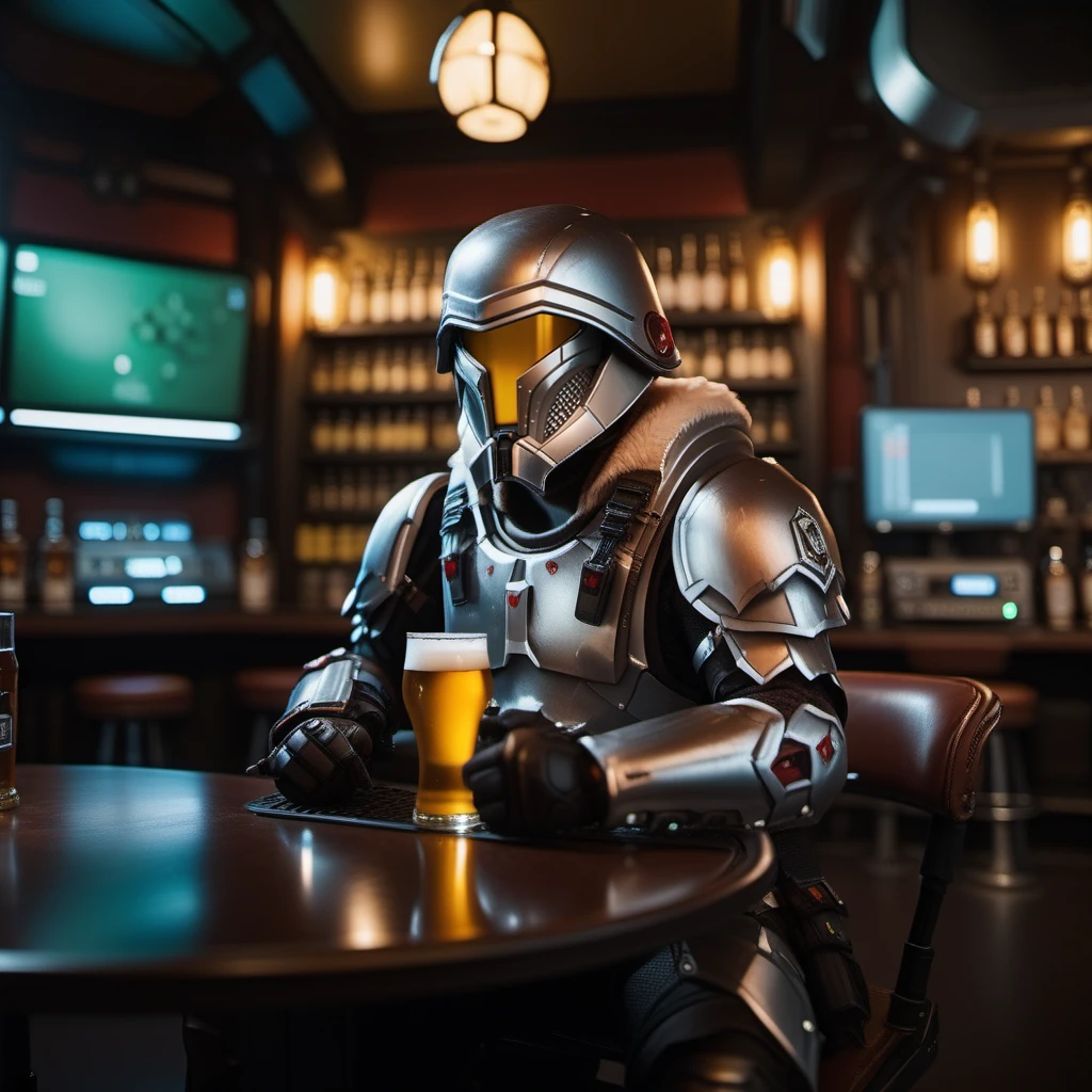 cinematic photo man wears armor and helmet, science fiction, having a beer in a pub  <lora:NodArmor1024:0.8> . 35mm photograph, film, bokeh, professional, 4k, highly detailed