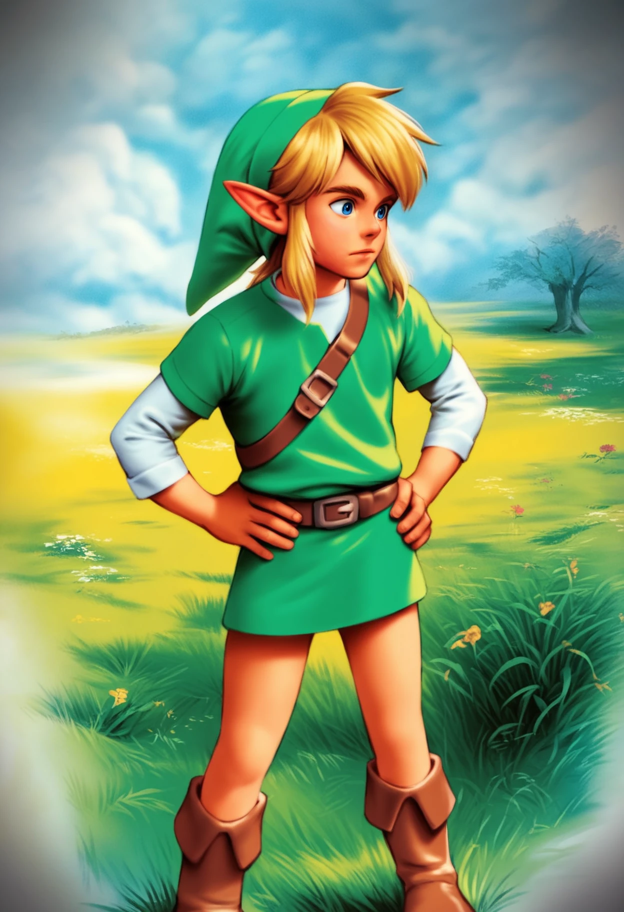 score_9, score_8_up, score_7_up, score_6_up, score_5_up, score_4_up, marlier, BREAK,
1boy, link, blonde hair, blue eyes, hat, pointy ears, green tunic, belt, boots, hands on hips, solo, outdoors, grass, blue sky, moutains background       <lora:MarcelMarlierXLLocon:1>