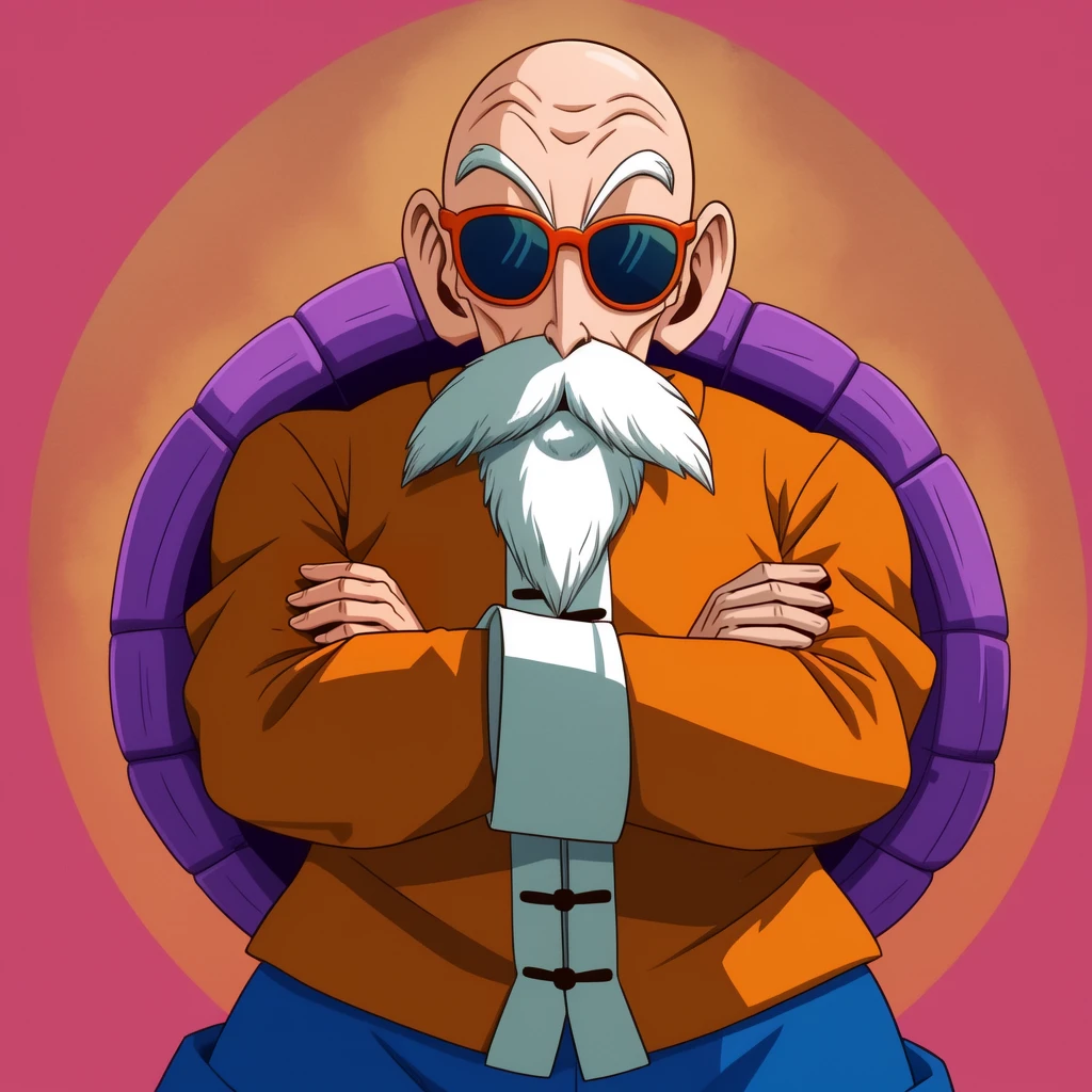 <lora:MasterRoshiV1(IndigoFurryMix):0.6>
master roshi, turtle shell, orange and purple outfit, 
standing, arms crossed,
great art, best quality, 4k, high quality,