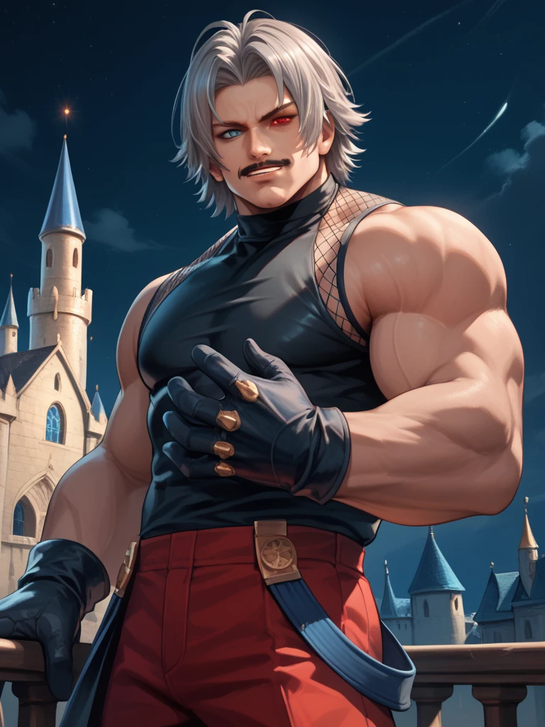 score_9, score_8_up, score_7_up, score_6_up, <lora:RugalP-05:0.9>, RugalP, 1boy, male focus, mature male, mustache, blue eyes, red eyes, heterochromia, short hair, grey hair, muscular, gloves, black shirt, bare shoulders, red pants, glowing red eye, grin, in castle, night, zPDXL2