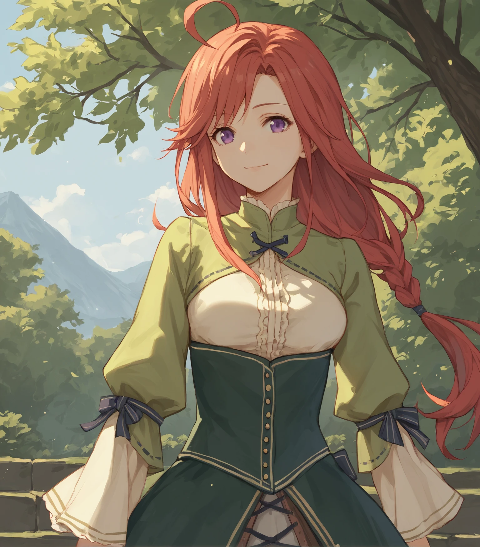 score_9, score_8_up, score_7_up, score_6_up, score_5_up, score_4_up, BREAK source_anime,
1girl, solo,  upper body, portrait  looking at viewer, smile, outdoors, sky, trees, 
 <lora:FionaCraig:0.9>, Fiona Craig, long hair, red hair, low-tied long hair, ahoge, purple eyes, medium breasts, green dress, ruffles, long skirt, corset, black pantyhose, brown boots,