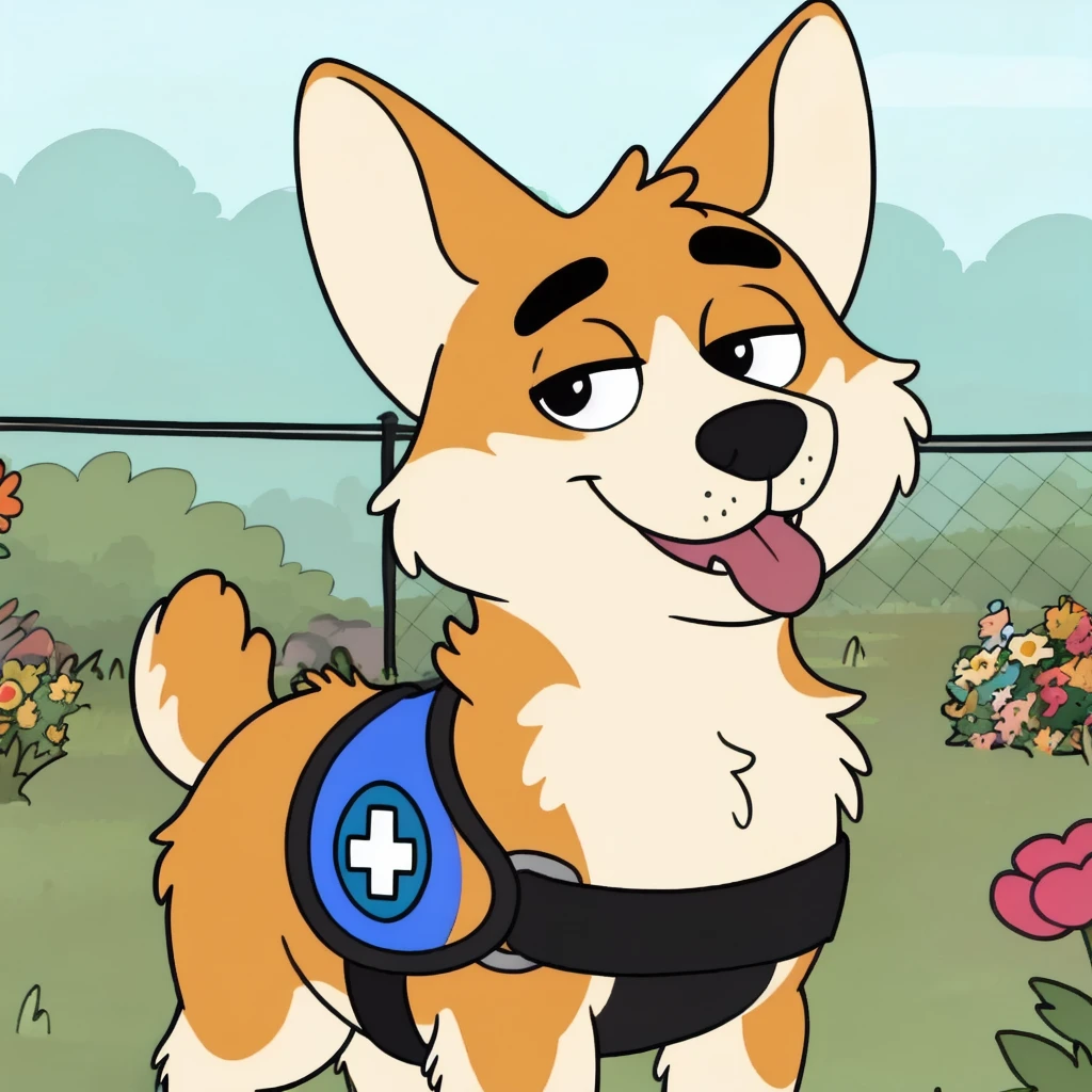 <lora:Elsa:0.7>, elsahb, dog, corgi, looking at viewer, full body, dog vest, flat color, simple artstyle,  <lora:add_detail - detail tweaker:-1>, narrowed eyes, head tilt, tongue out, chain-link fence, clearing, flowers:0.25, grass