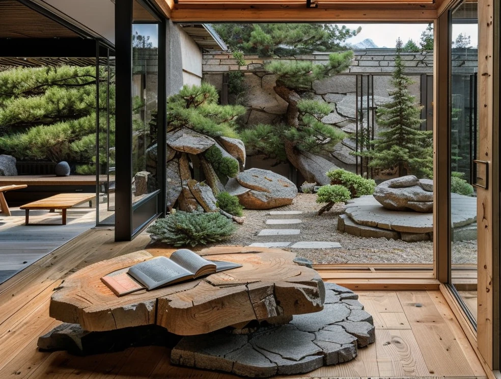 scenery, no humans, mountain, tree, curshion, table, chair, wooden floor, window, architecture, book, plant, rockery, <lora:Chinese Home Interior:1>