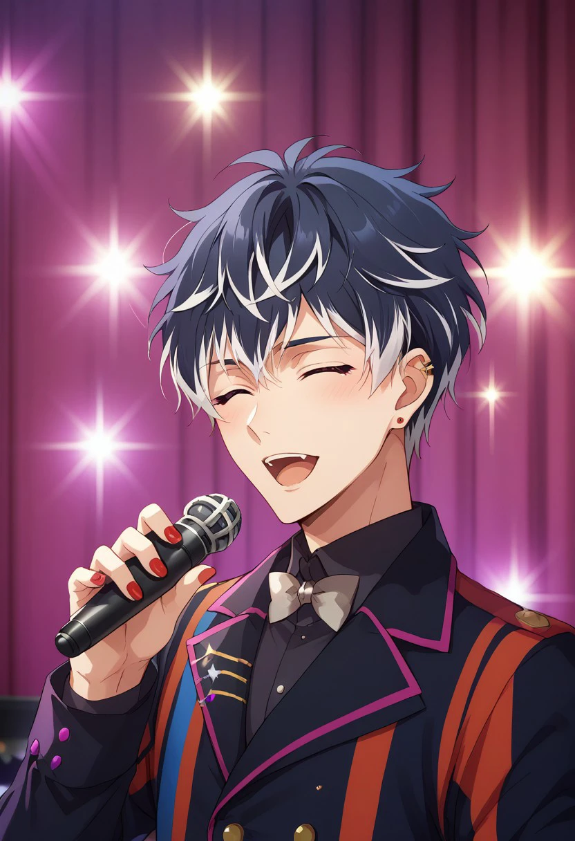 score_9, score_8_up, score_7_up, source_anime, highly detailed,
momosesunohara, 1boy, male focus, microphone, black hair, white hair, two-tone hair,  streaked hair, multicolored hair, open mouth, solo, idol, holding microphone, upper body,
holding, closed eyes, looking at viewer, idol uniform, nail polish, red nails,
stage, stage lights,