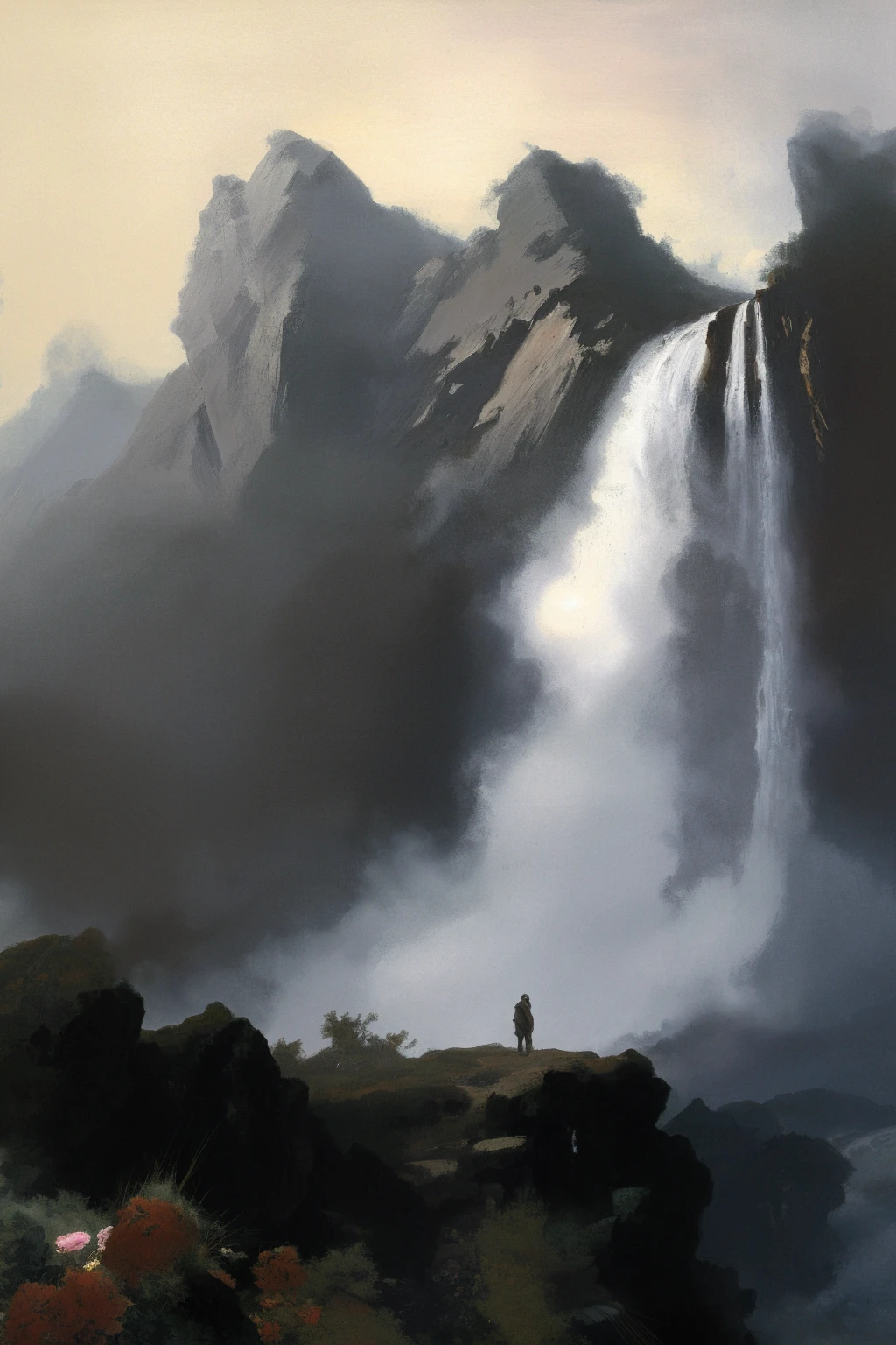Line drawing painted figures,The waterfall in the mountain,as if flowing down from the clouds,the hazy clouds on the top of the mountain,the hazy mist,the dense trees on the mountain,stand under the waterfall,look up,(Jeremy Mann's painting:1.3). emotion,harmony,vignette,4k epic detail,epic,gorgeous,chinese landscape,waterfall in the mountains,flowing down from the clouds,hazy clouds at the top of the mountain,hazy mist,dense mountains,standing under the waterfall,looking up,(Jeremy Mann's painting:1.3),elegant,highly detailed,professional romantic composition,systematic,beautiful,lush,impressive,