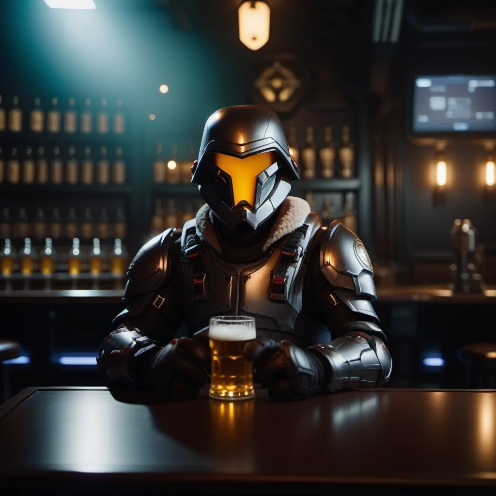 cinematic photo man wears dark armor and helmet, science fiction, having a beer in a pub  <lora:NodArmor1024:0.8> . 35mm photograph, film, bokeh, professional, 4k, highly detailed