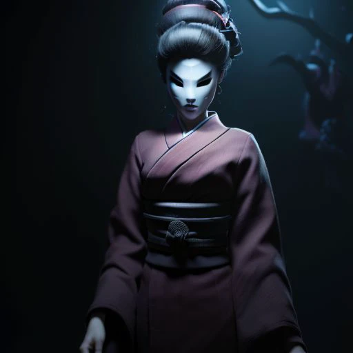 high res, good quality, accurate face, ((high resolution:1.2), (hi-res:1.2), masterpiece, best quality),  easynegative, ng_deepnegative_v1_75t, bad-picture-chill-75v, The Lady, video game character, Little Nightmares, Red kimono , porcelain mask , Taller woman, in a dark room,