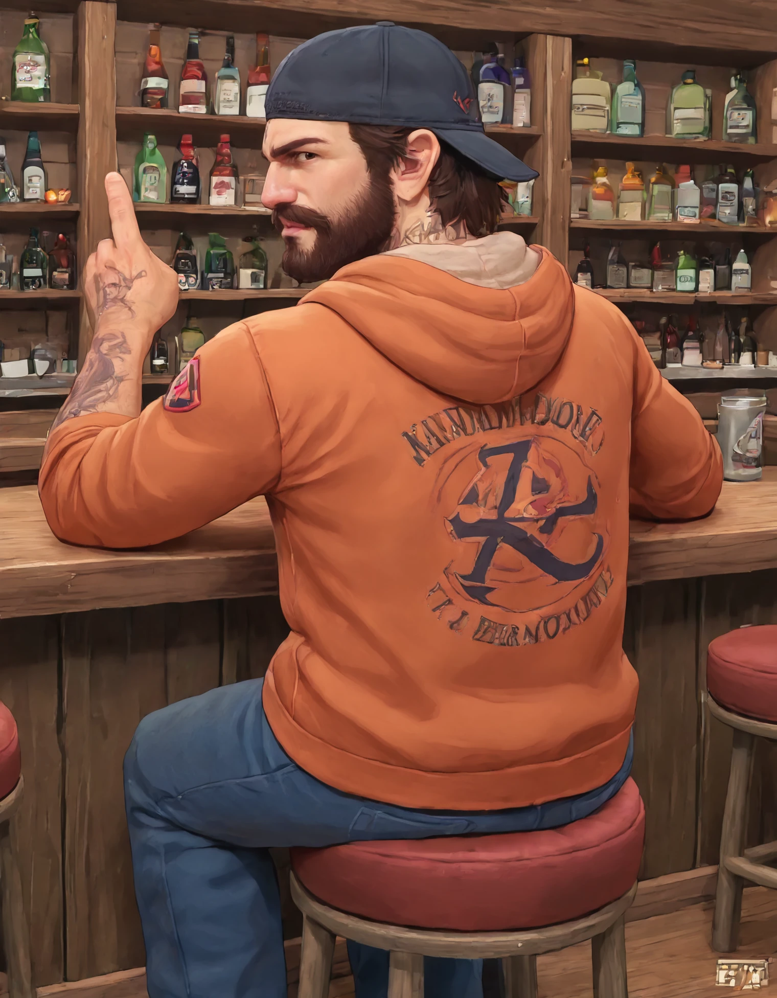 score_9, score_8_up, score_7_up, BREAK 1boy, solo, looking at viewer, upper_body, (green_eyes:0.7)
beard, mustache, short hair, orange_hoodie, tattoo, baseball_cap, backwards_hat,
sitting, stool, from_behind, looking_back,
indoors, bar, detailed environment,  <lora:Deacon_St._John:1>