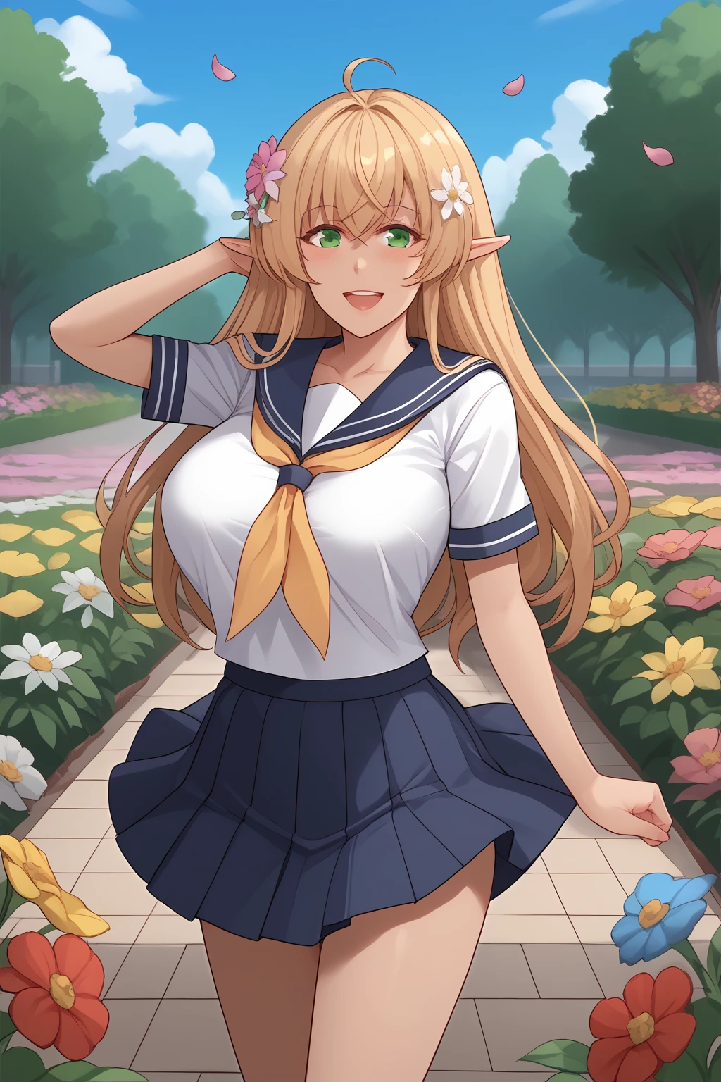 Fiona, Blonde Hair, Long Hair, Green Eyes, Pointy Ears, Big Breasts, Cleavage, Serafuku, Pleated Skirt, Short Sleeves, Yellow Neckerchief,
(nsfw), (uncensored), (score_9), score_8_up, score_7_up, source_anime, cowboy shot, dynamic pose, Happy, Smile, Parted Lips, blush, ashamed, shy, sexy, charming, alluring, seductive, enchanting, erotic,
((outdoors)), ((flower garden)), ((flowers)), ((many flowers)), spring petals, petals of flowers, spring, falling petals, flying butterflies<lora:EMS-446308-EMS:1.000000>