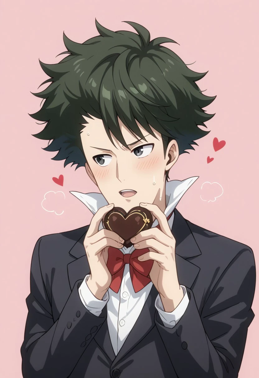 score_9, score_8_up, score_7_up, source_anime, rating_safe, holding heart-chocolate, Wartail, dark green hair, black eyes, 1boy, male focus, anime screencap, suit, bowtie, open mouth, looking away, blushing, sweating, hands with five fingers, simple light-pink background, cute wallpaper, Expressiveh, red hearts,