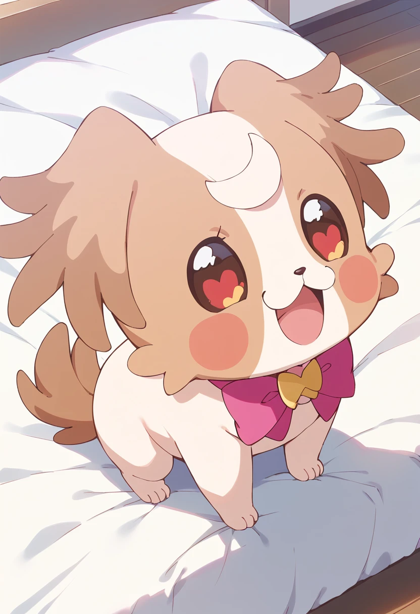 score_9, score_8_up, score_7_up, source_anime, BREAK
kmg-dog, no humans, solo, open mouth, :3, smile, looking at viewer, blush stickers, :d, brown eyes, blush, pink neckwear, animal focus, standing, two-tone fur, white fur, brown fur, pink bow, happy, dog, 1other, shadow, dog ears, full body, bed sheet, red eyes, on bed, indoors, sitting, pink bowtie, from above, close-up, anime coloring,m symbol in eye, symbol-shaped pupils, heart-shaped pupils
<lora:cure_wonderful_inukai_komugi_sdxl_locon_pony_v1:0.7>