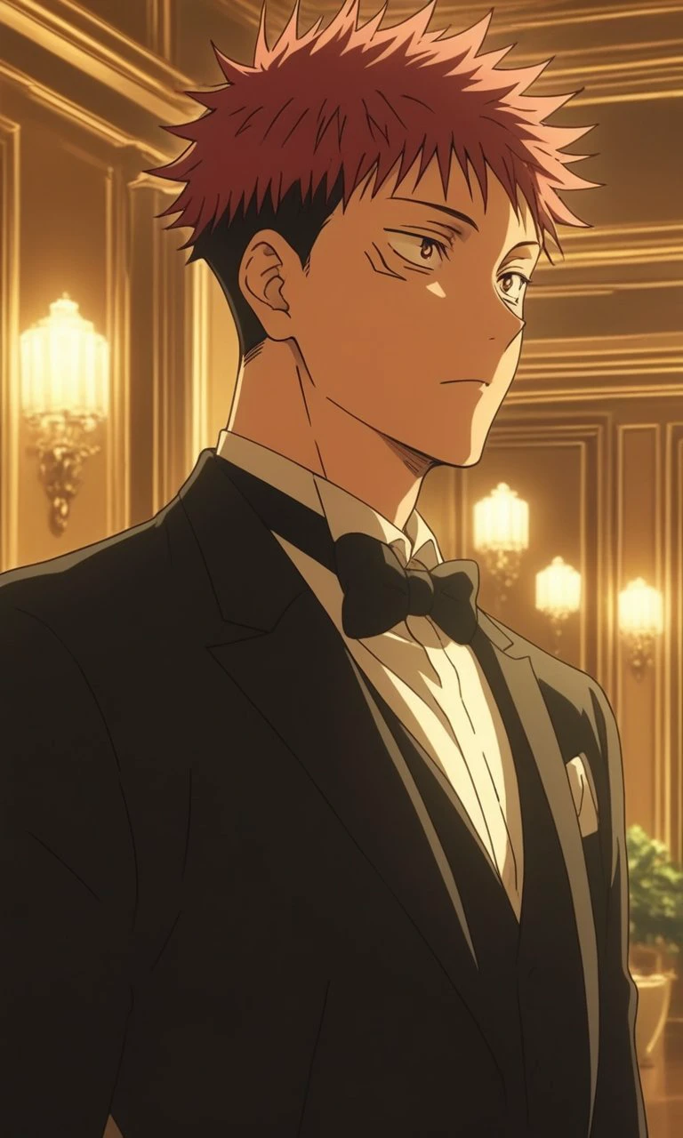 1boy, Yuuji Itadori  from Jujutsu Kaisen, BREAK source_anime ,  wearing a black tuxedo with a bow tie, formal setting,  elegant lighting, evening atmosphere, detailed background  ,  <lora:tuxedo:0.6>