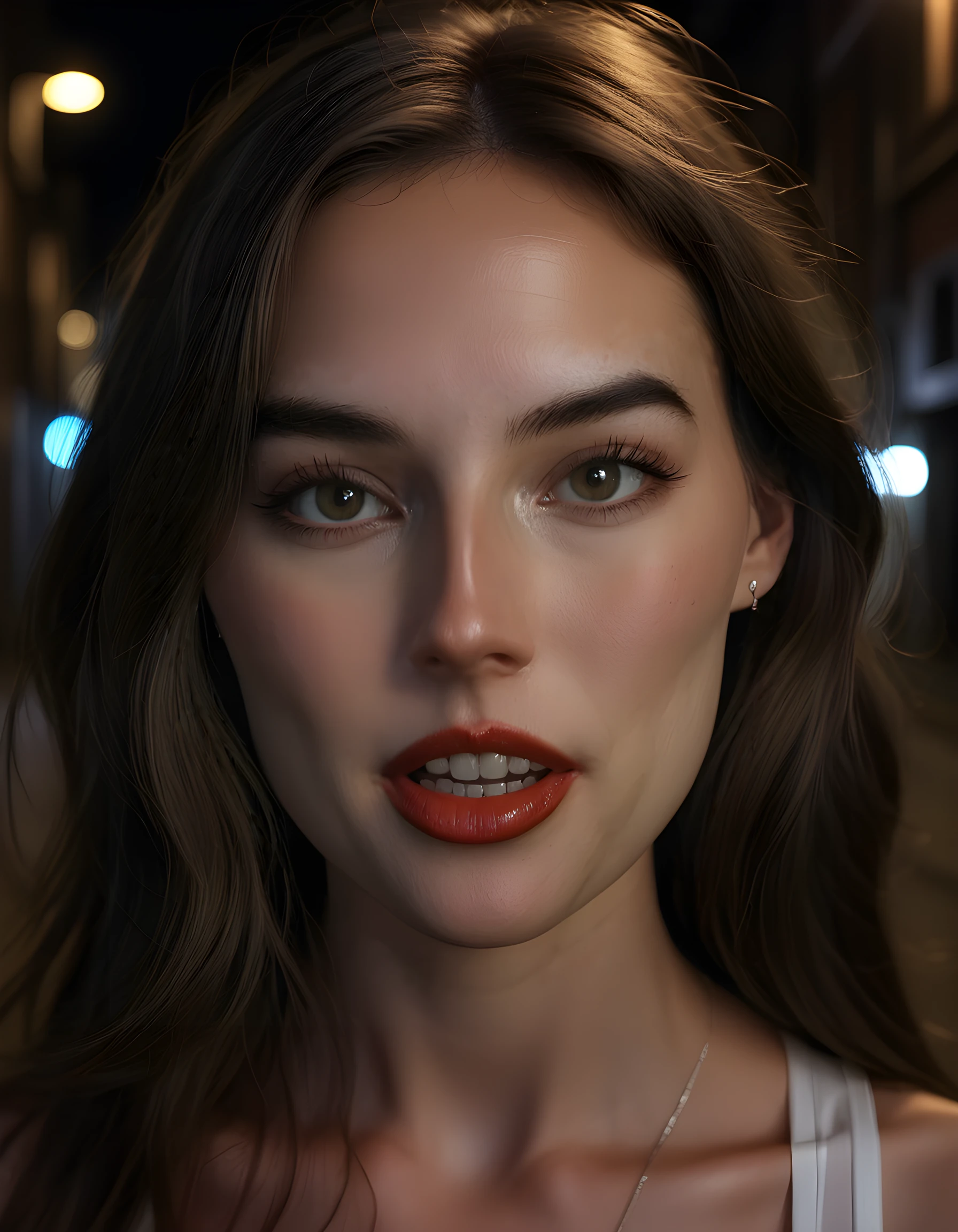 In a gritty, noir-inspired alleyway illuminated by the neon glow of a single, flickering street lamp, a woman named D415YD4Y is captured in a close-up portrait shot. Her long, wavy brown hair cascades down her shoulders, contrasting sharply with her sharp, angular features. Her piercing brown eyes stare intensely at the viewer, her full, red lips parted slightly as if ready to speak, revealing perfectly straight, gleaming white teeth that flash like a beacon in the dimly lit scene. The image is rendered in high-definition realism, capturing every intricate detail of her striking appearance, from the individual strands of hair on her forehead to the subtle lines around her eyes. The overall tone is one of mystery and allure, as if she holds a secret that only the viewer can unlock.