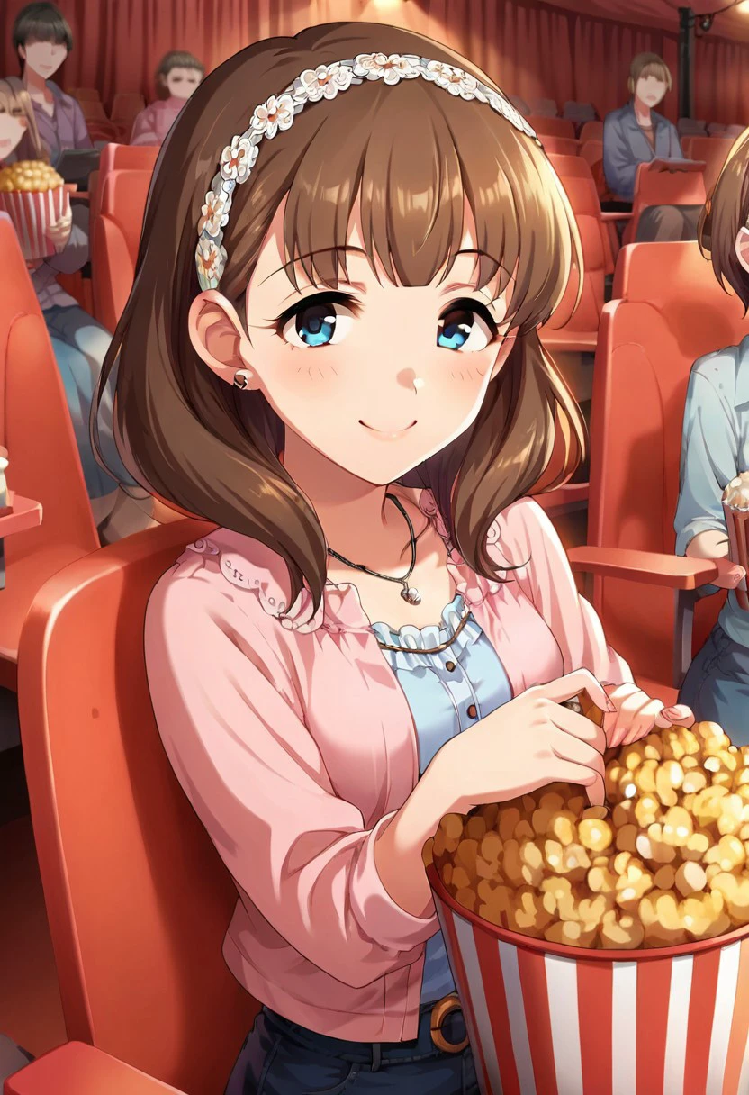 score_9, score_8_up, score_7_up, source_anime,sakuma mayu, brown hair, blue eyes, popcorn, smile, jewelry, necklace, hairband, short hair,looking at viewer