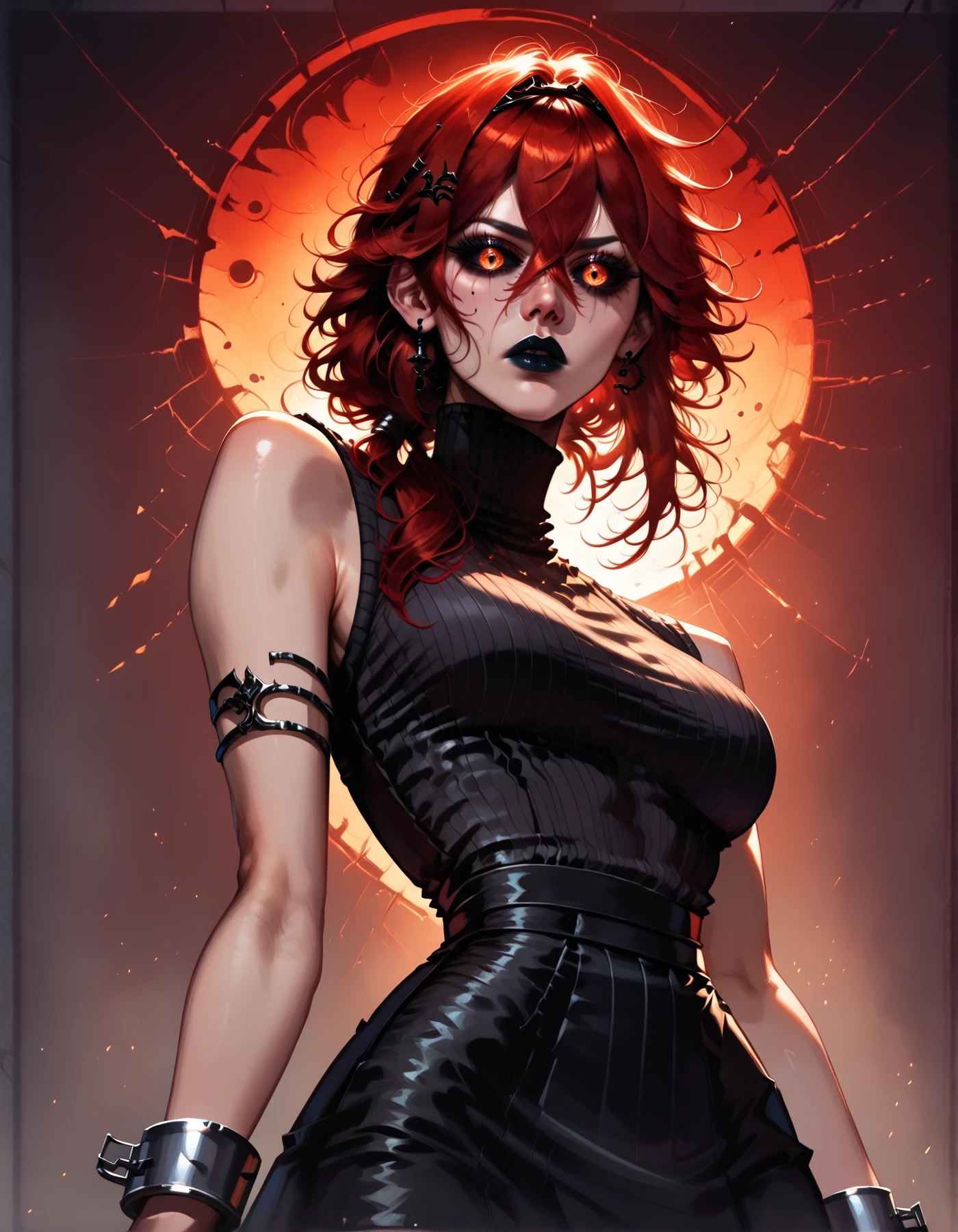score_9, score_8_up, score_7_up, detailed background, realistic lighting, background: ruins, red runes,
1 girl, detailed eyes,slim and fit, solo, dynamic pose, mature adult female,
Kydra, red hair, low ponytail, hair glow, dark lips, black metal cuffs, medium breasts, sleeveless turtleneck, skirt, thigh highs, dark sclera,
<lora:Pony - Characters - Kydra:1>,
<lora:Pony - Face - Fantasy_eyes:1>, Fantasy_eyes,