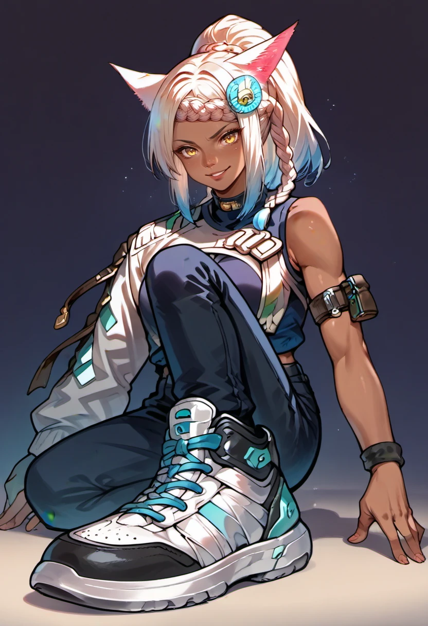 score_9,score_7_up,zPDXL2,neon blue lights,science fiction BREAK
eutrope,solo,braid,ponytail,cat ears,dark skin,smirk,yellow eyes,vest,black pants,asymmetrical clothes,single sleeves,armband<lora:eutropev4:1><lora:showinshoes:0.5>hud_sh03_sh0w,foreshortening,looking at viewer,sneakers,