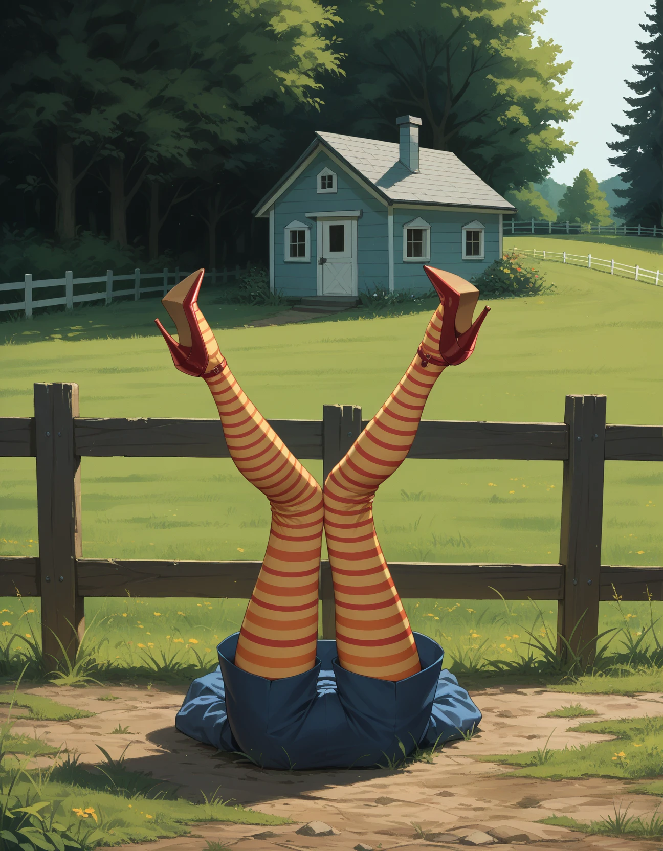 score_9, score_8_up, score_7_up, score_6_up, score_5_up, score_4_up, 1girl, solo, hud_b0tt0msup, high heels, striped pantyhose, house, fence, <lora:bottomsup:1>,