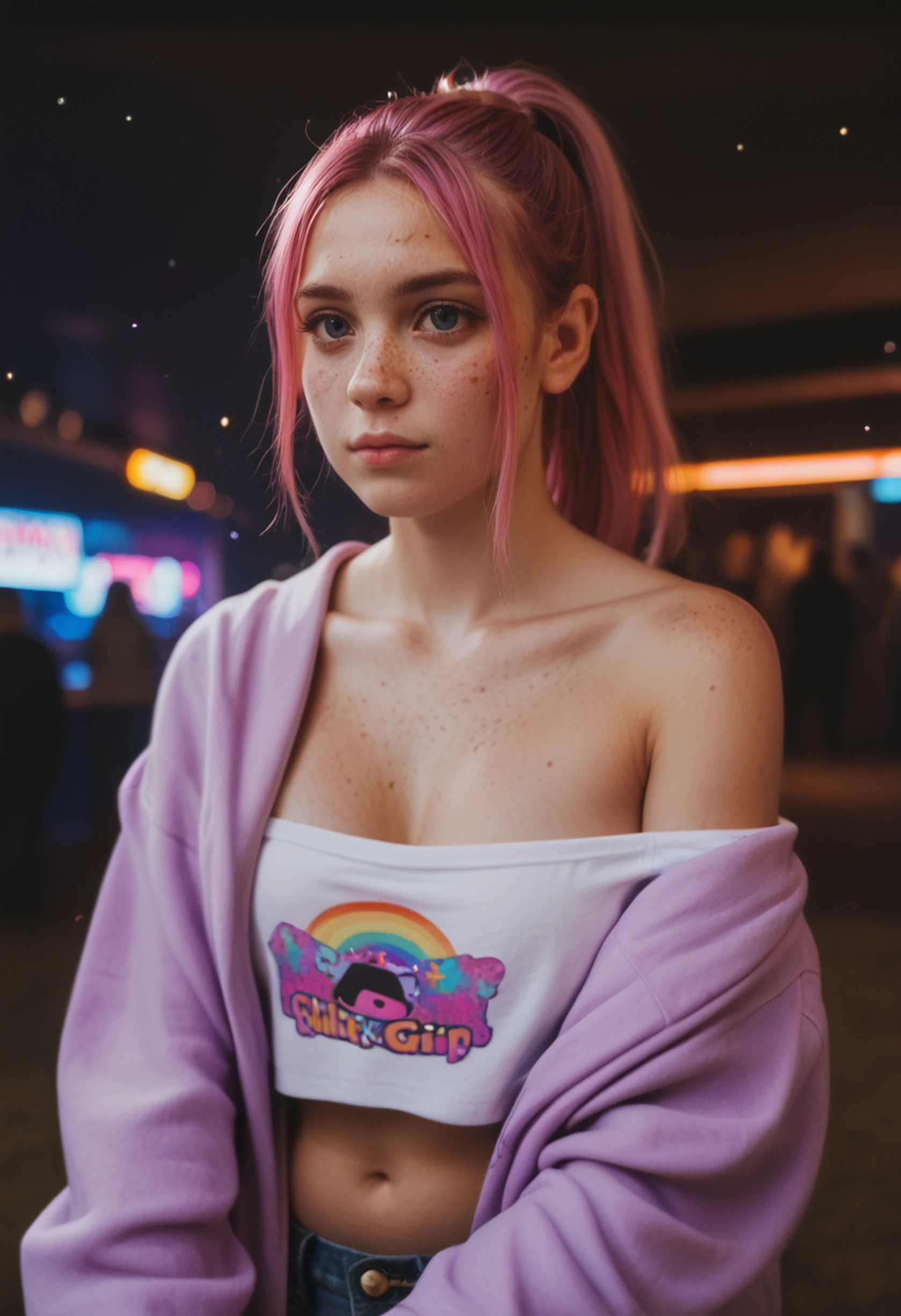 score_9, score_8_up, score_8_up, 1girl, depth of field, raw, intimate shot, (kawaii girl, e-girl, pink hair, ponytail, open jacket, off shoulder, freckles),((glowing particles, purple)), large saggy natural teardrop breasts, gamer girl, nightclub,