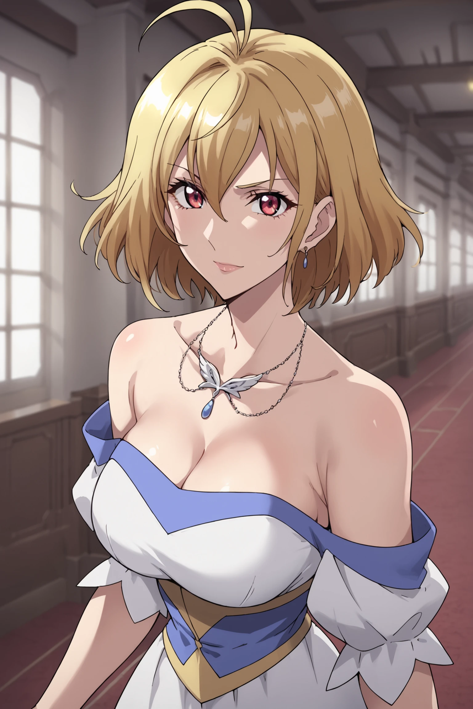 Angelise Ikaruga Misurugi, blonde hair, red eyes, ahoge, necklace, white dress, bare shoulder, collarbone, cleavage, white highheels, <lora:ange:0.8>, score_9, score_8_up, score_7_up, score_6_up, score_5_up, source_anime, rating_safe, medium breasts, indoors, 1girl, solo, looking at viewer, <lora:age_slider_v4:6>, (upper body:1.2), (dynamic pose:1.2)