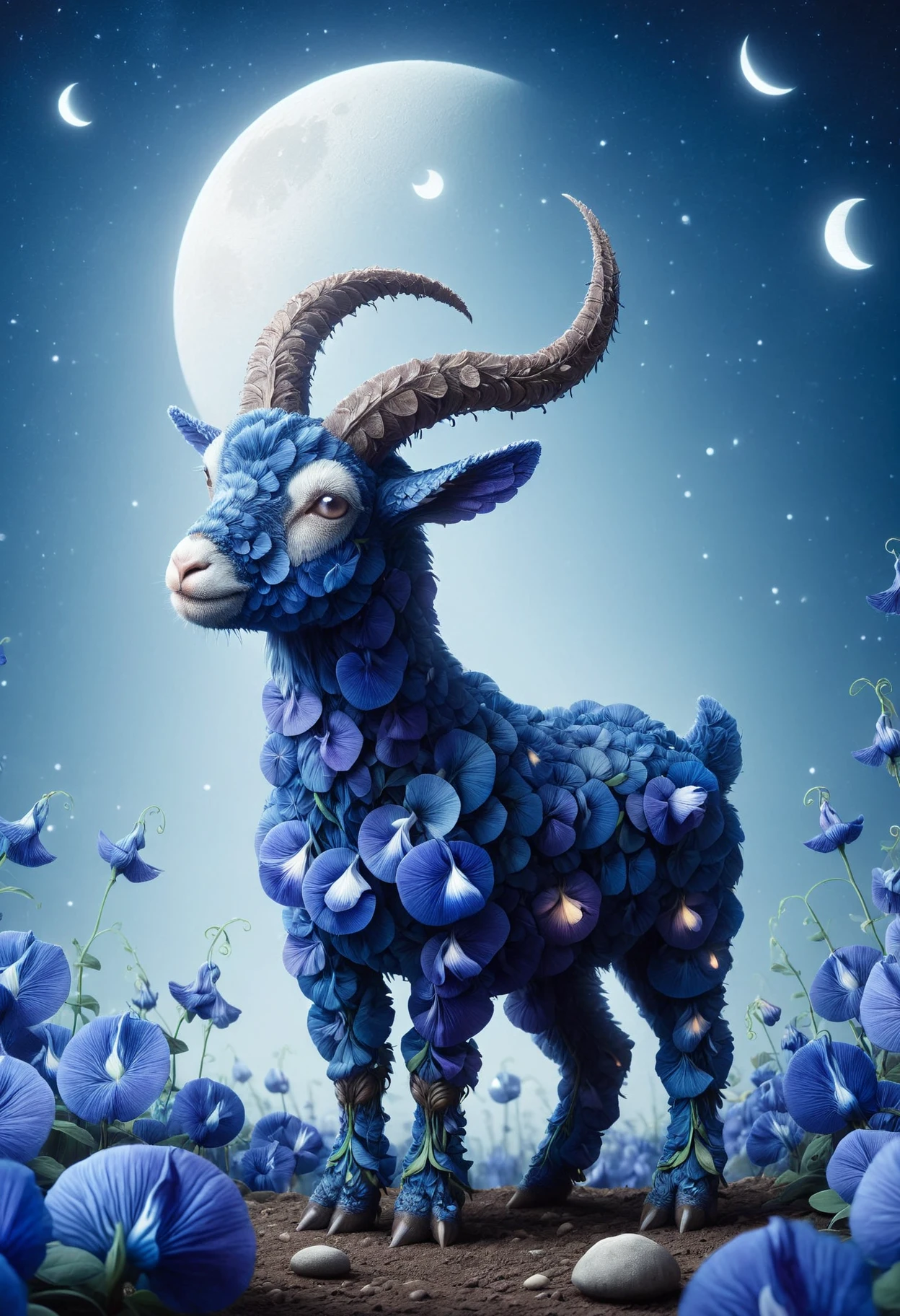 Goat, Abominable, Moon in the night, Bokeh, pop art, by Tristan Eaton, natural lighting, award winning,professional fine composition, highly contrasted, extremely stylish, dynamic dramatic composition, highly detailed, full color, fine artistic composition, stunning made out of butterfly pea flowers, <lora:PinkieBttflwrsSDXL-v1:1>, p1nkbttrflyp3a,