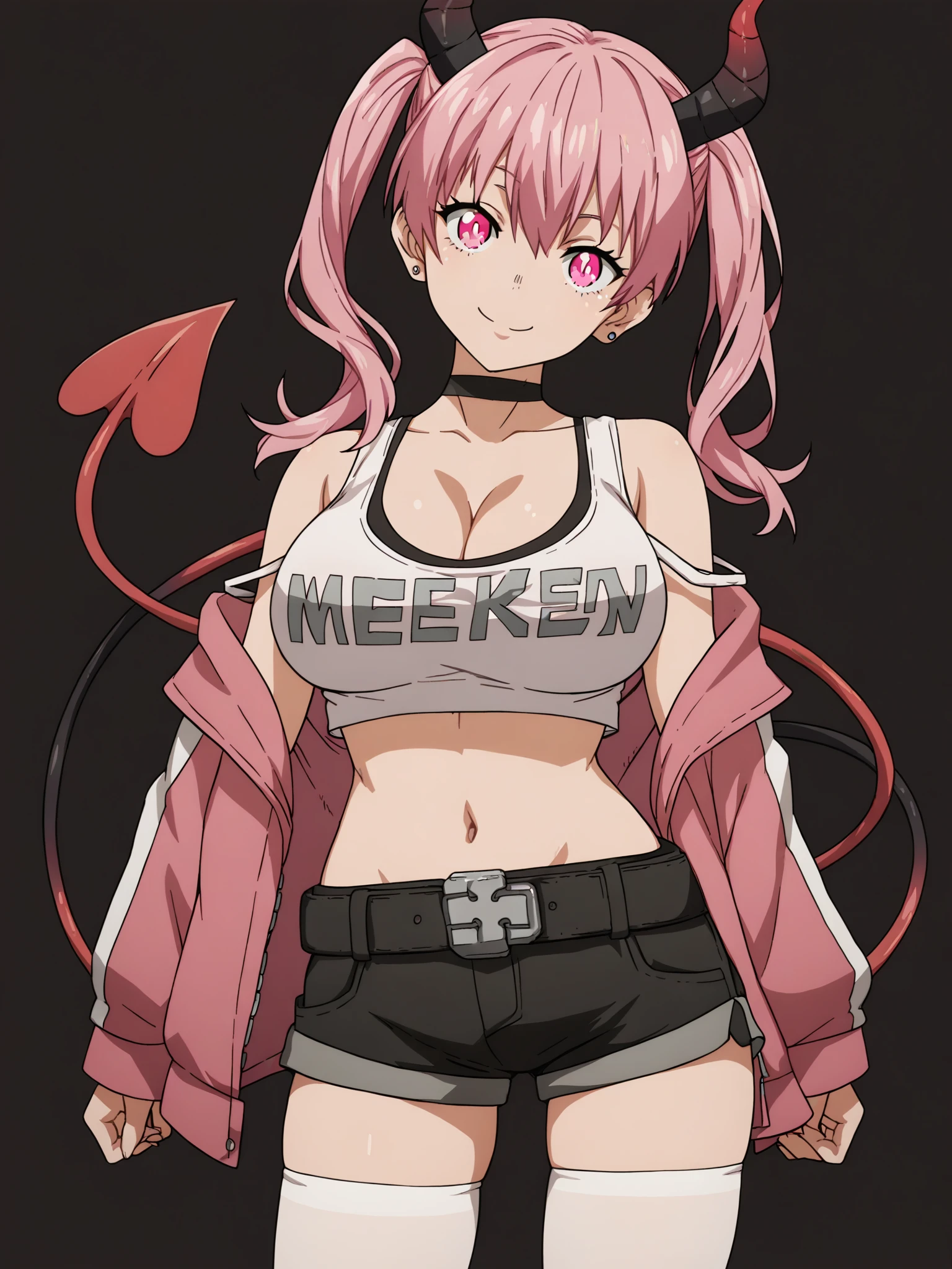 score_9, score_8_up, score_7_up, score_6_up, score_5_up,
1girl, solo, breasts, tail, pink_hair, horns, demon_tail, shorts, jacket, twintails, large_breasts, smile, looking_at_viewer, long_hair, navel, choker, black_background, pink_eyes, short_shorts, belt, demon_girl,  pink_jacket, demon_horns, simple_background, tank_top, open_jacket, cleavage, black_shorts, open_clothes, thighhighs, off_shoulder, bare_shoulders, closed_mouth, head_tilt, hair_between_eyes, cowboy_shot, jewelry, micro_shorts, collarbone, black_choker, white_thighhighs, crop_top, bangs, earrings, clothes_writing, shirt, midriff, standing, see-through, contrapposto, long_sleeves
 <lora:Fire_Force:1>