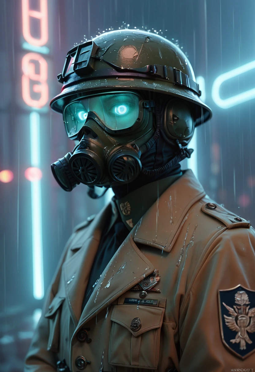 score_9, score_8_up, score_7_up, score_6_up, NEOST, neon lights, soldiers, gas masks, helmets, glowing eyes, rain, dark and gloomy atmosphere, trench coats, military gear, insignia, somber expressions, war setting, dramatic lighting, detailed, shaded, intense mood