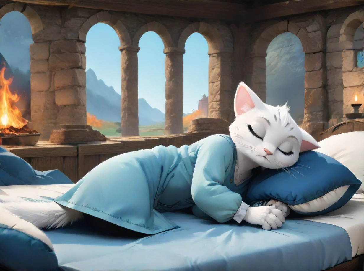 Dulcinea, cat, furry, looking at viewer, flat colors, simple art style, on side, sleeping, medieval, inn, bed, window, fire outside, under covers, fire, blue covers