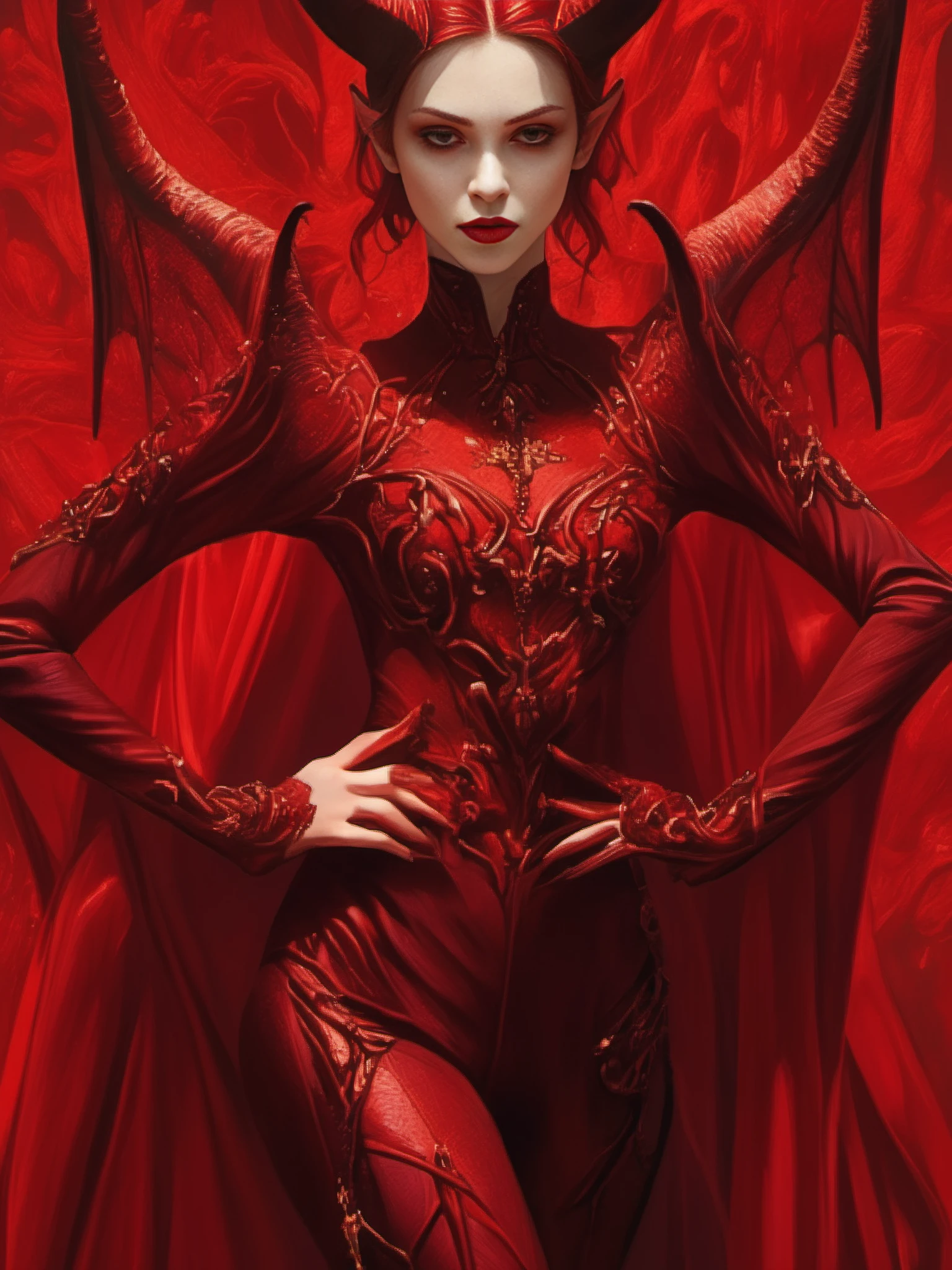 FRESHIDEAS Devil girl,most beautiful and detailed dark red bodysuit,bright background,juwels,