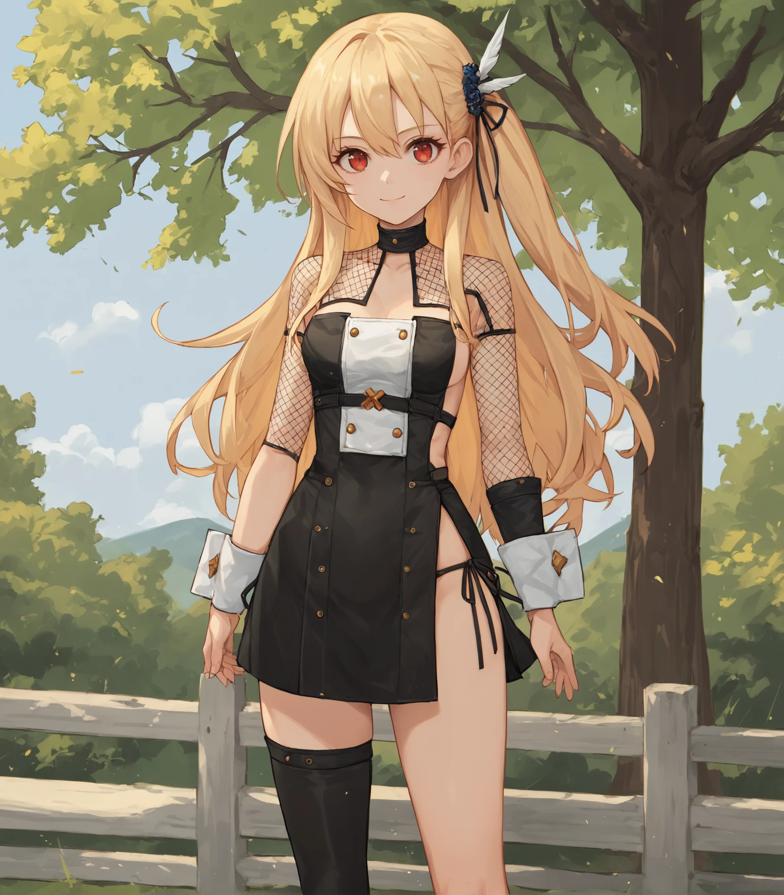 score_9, score_8_up, score_7_up, score_6_up, score_5_up, score_4_up, BREAK source_anime,
1girl, solo,  upper body, portrait  looking at viewer, smile, outdoors, sky, trees, 
 <lora:AlisaReinfordVOFAN:0.9>, Alisa Reinford, blonde hair, long hair, hair ornament, red eyes, medium breasts, black dress, wrist cuffs, fishnet top, black skirt, asymmetric legwear, side-tie panties, single thighhigh, black boots,