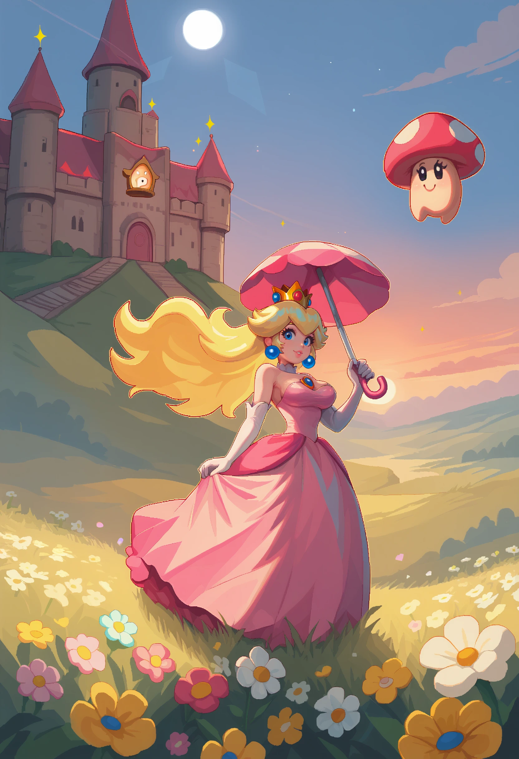 score_9, score_7_up BREAK 1girl,princess peach,dress,holding parasol,flowers,happy,cleavage,evening,sunset,sky,cowboy shot,elbow gloves,sparkle,light particles,mushroom,castle <lora:itzah_pd:1>